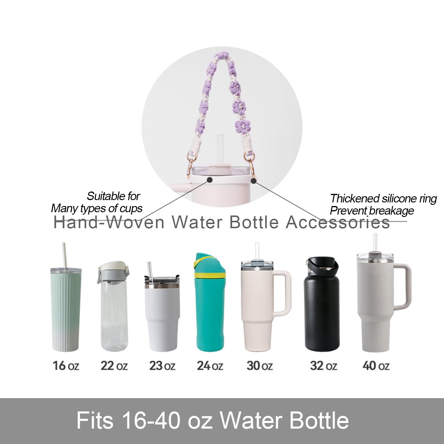 Hand-Woven Flower Water Bottle Strap with Silicone Ring 41cm/16.14 inch – Universal Cup Holder for 14oz, 30oz, and 40oz Stanley Tumblers, Adjustable Shoulder Strap with Rose Gold Clips and Net Pouch (Pink) - Image 3