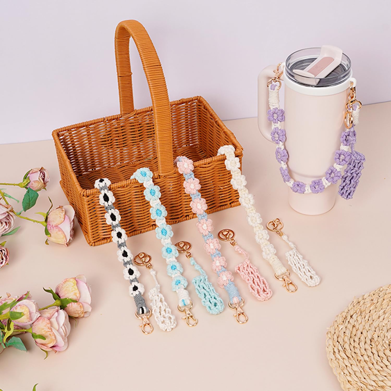 Hand-Woven Flower Water Bottle Strap with Silicone Ring 41cm/16.14 inch – Universal Cup Holder for 14oz, 30oz, and 40oz Stanley Tumblers, Adjustable Shoulder Strap with Rose Gold Clips and Net Pouch (Pink) - Image 4