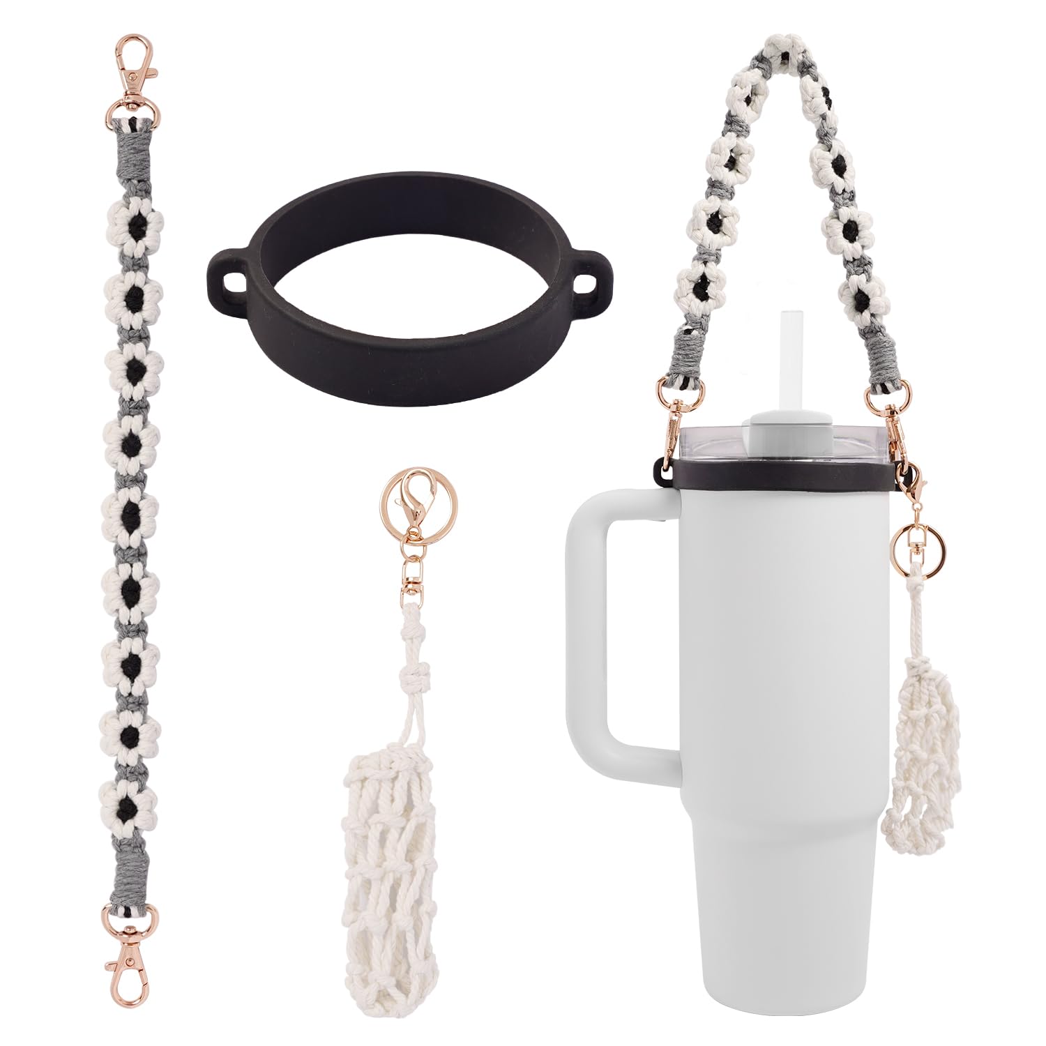 Hand-Woven Flower Water Bottle Strap with Silicone Ring 41cm/16.14 inch – Universal Cup Holder for 14oz, 30oz, and 40oz Stanley Tumblers, Adjustable Shoulder Strap with Rose Gold Clips and Net Pouch (Black) - Image 1