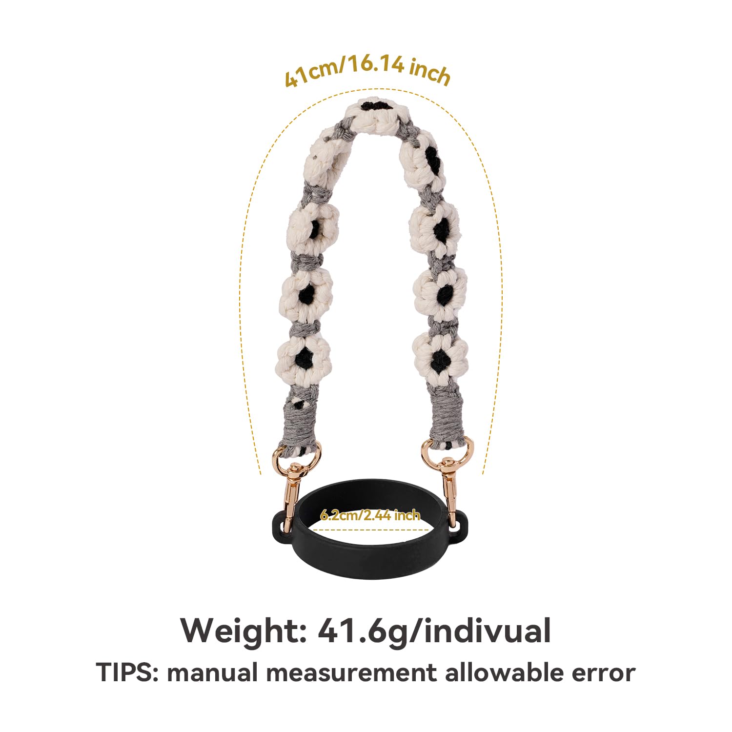 Hand-Woven Flower Water Bottle Strap with Silicone Ring 41cm/16.14 inch – Universal Cup Holder for 14oz, 30oz, and 40oz Stanley Tumblers, Adjustable Shoulder Strap with Rose Gold Clips and Net Pouch (Black) - Image 2