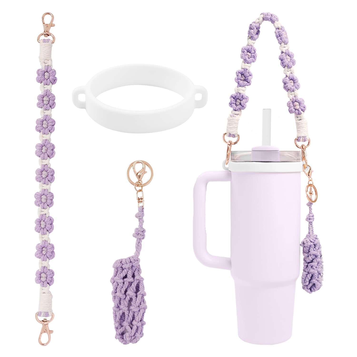 Hand-Woven Flower Water Bottle Strap with Silicone Ring 41cm/16.14 inch – Universal Cup Holder for 14oz, 30oz, and 40oz Stanley Tumblers, Adjustable Shoulder Strap with Rose Gold Clips and Net Pouch (Purple) - Image 1