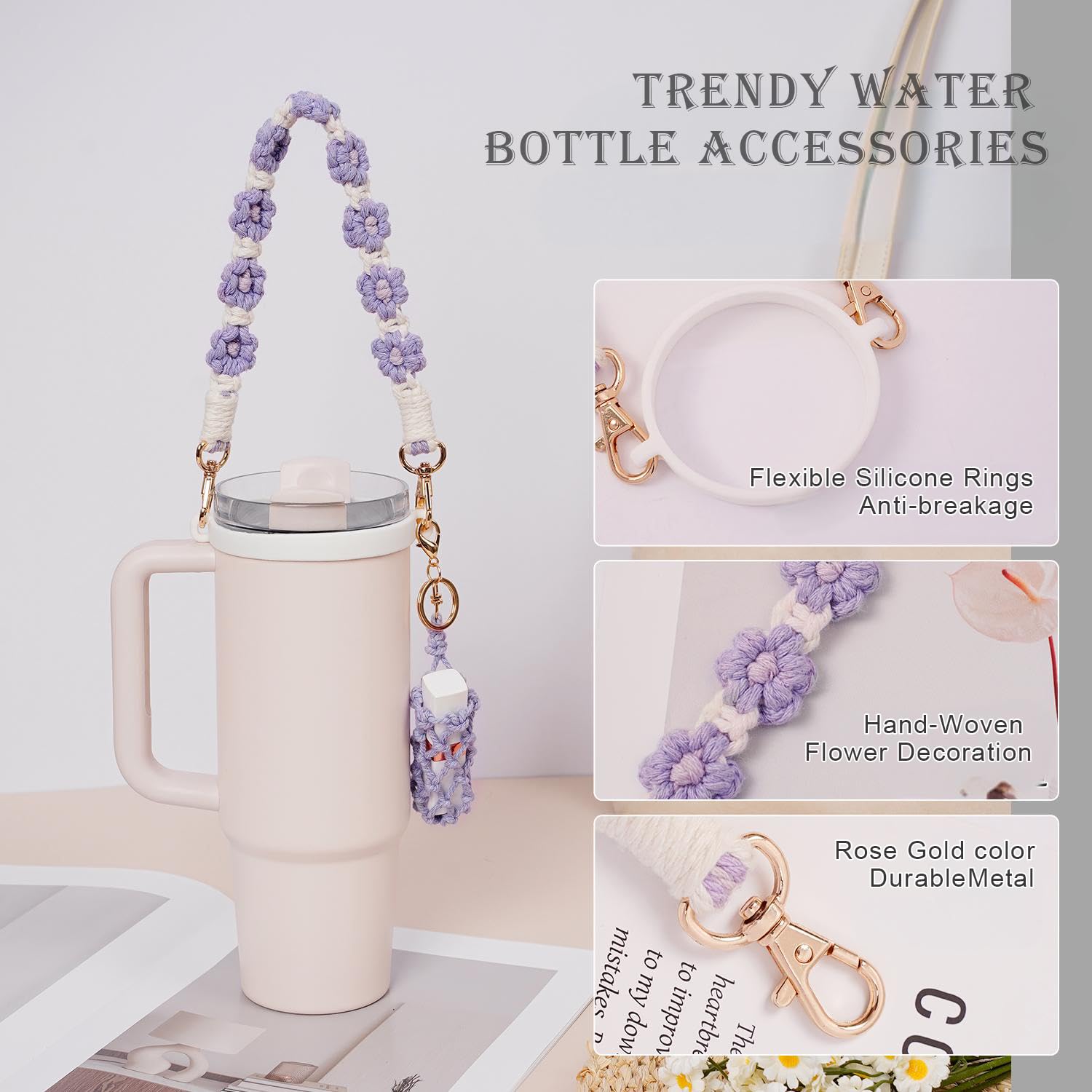 Hand-Woven Flower Water Bottle Strap with Silicone Ring 41cm/16.14 inch – Universal Cup Holder for 14oz, 30oz, and 40oz Stanley Tumblers, Adjustable Shoulder Strap with Rose Gold Clips and Net Pouch (Purple) - Image 6