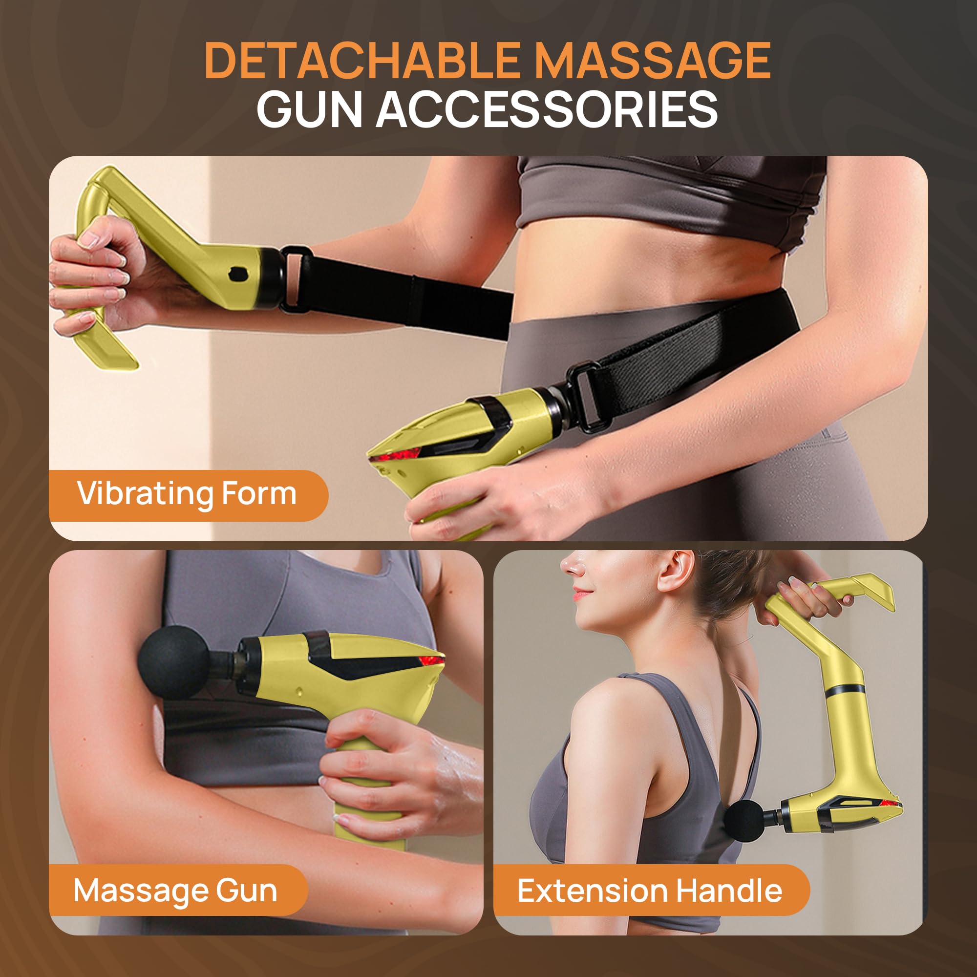 Yellow 3-in-1 Massage Gun with Extendable Handle & Back Strap – 12-Speed Deep Tissue Muscle Massager, 4 Attachments, USB-C Charging, for Athletes, Gym Recovery & Seniors | Black available in store - Image 2