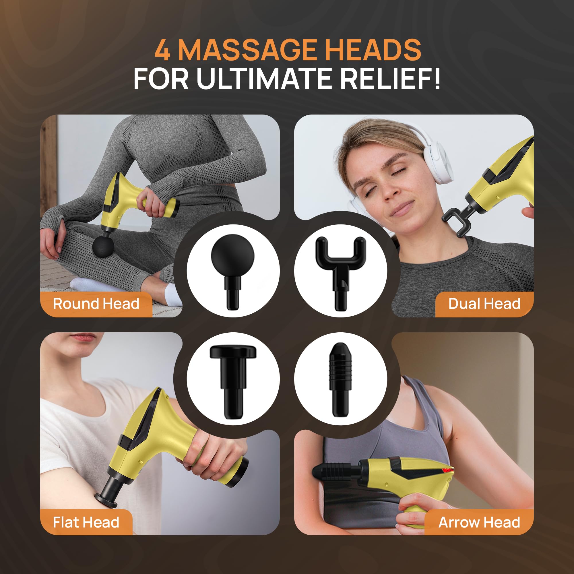 Yellow 3-in-1 Massage Gun with Extendable Handle & Back Strap – 12-Speed Deep Tissue Muscle Massager, 4 Attachments, USB-C Charging, for Athletes, Gym Recovery & Seniors | Black available in store - Image 3