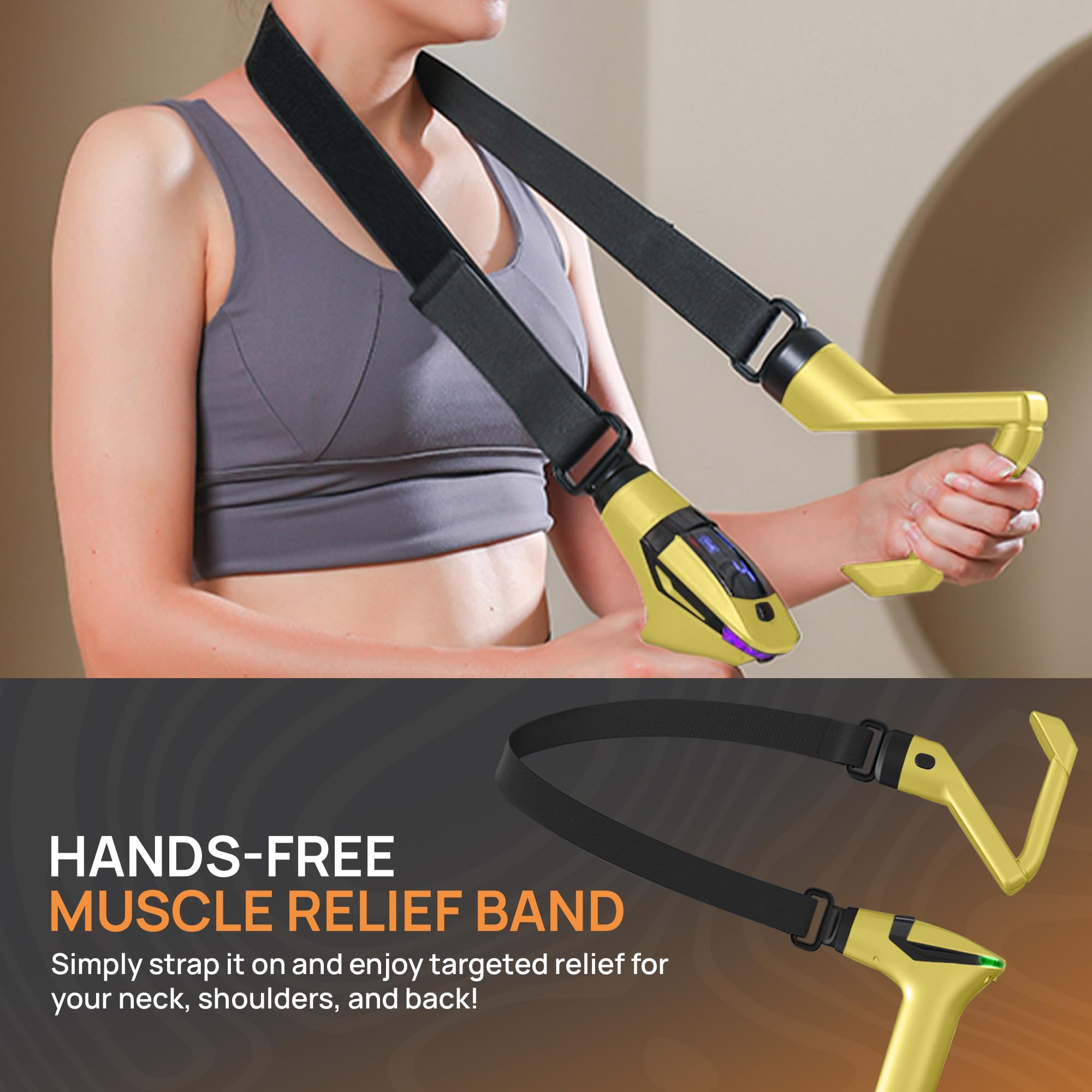 Yellow 3-in-1 Massage Gun with Extendable Handle & Back Strap – 12-Speed Deep Tissue Muscle Massager, 4 Attachments, USB-C Charging, for Athletes, Gym Recovery & Seniors | Black available in store - Image 4