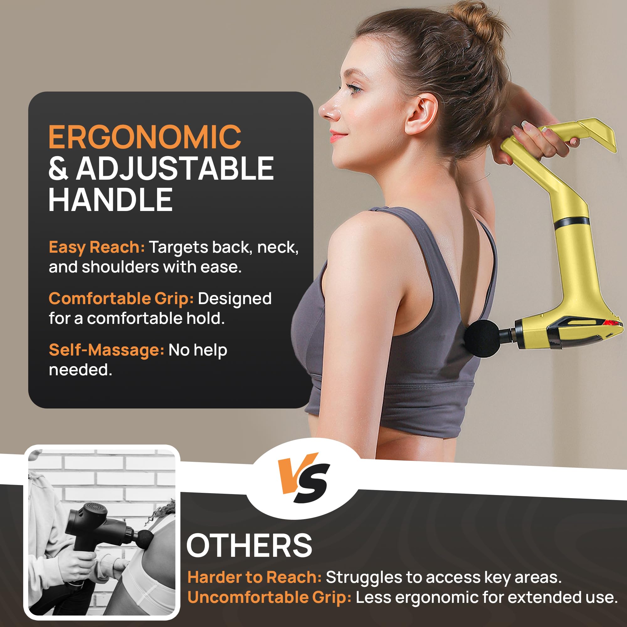 Yellow 3-in-1 Massage Gun with Extendable Handle & Back Strap – 12-Speed Deep Tissue Muscle Massager, 4 Attachments, USB-C Charging, for Athletes, Gym Recovery & Seniors | Black available in store - Image 5