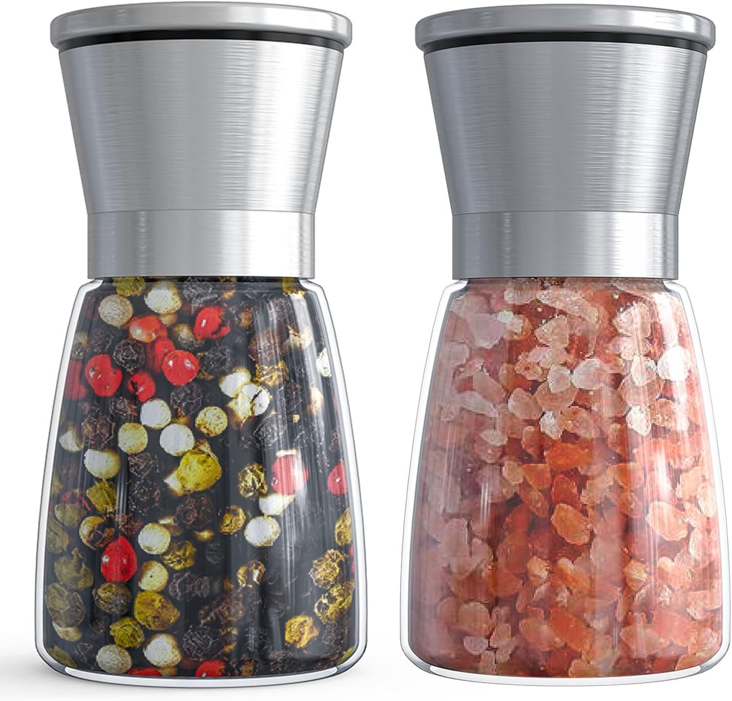 2-Pack Manual Spice Grinders with Adjustable Coarseness, Clear Glass Bodies, Ceramic Grinding Mechanism, and Brushed Stainless Steel Tops—Refillable for Salt, Pepper, Cumin, Herbs, and More—Elegant Kitchen Essentials (Silver) - Image 1