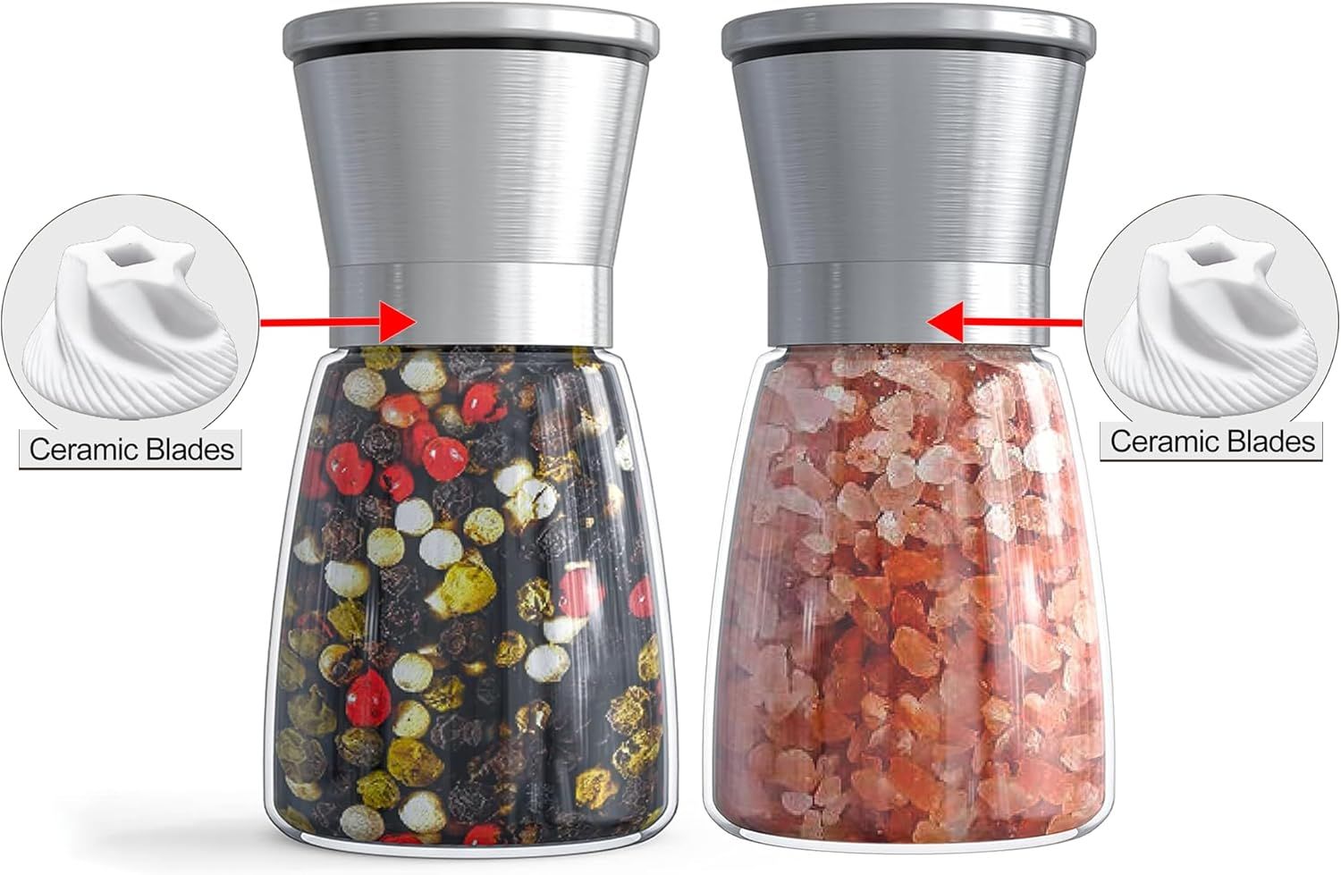 2-Pack Manual Spice Grinders with Adjustable Coarseness, Clear Glass Bodies, Ceramic Grinding Mechanism, and Brushed Stainless Steel Tops—Refillable for Salt, Pepper, Cumin, Herbs, and More—Elegant Kitchen Essentials (Silver) - Image 2