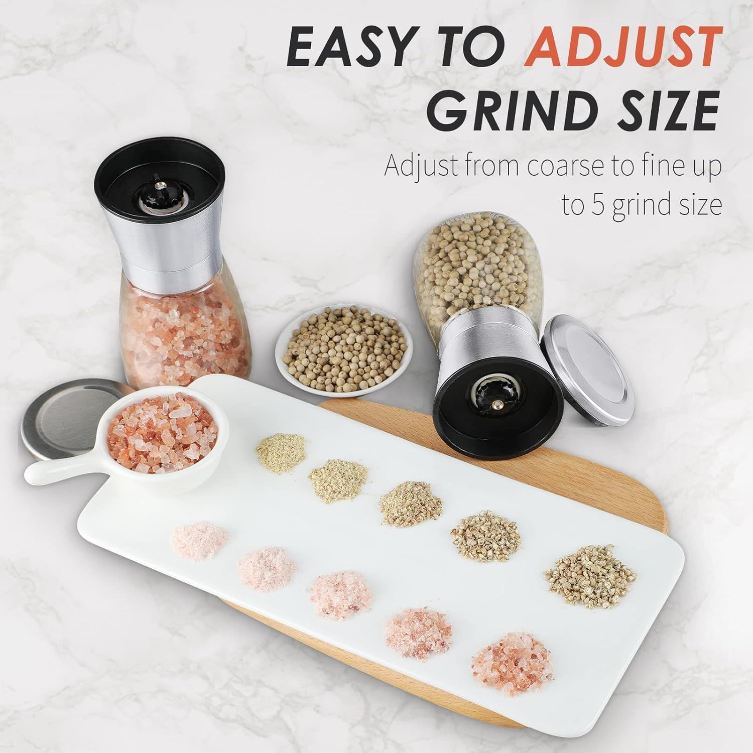 2-Pack Manual Spice Grinders with Adjustable Coarseness, Clear Glass Bodies, Ceramic Grinding Mechanism, and Brushed Stainless Steel Tops—Refillable for Salt, Pepper, Cumin, Herbs, and More—Elegant Kitchen Essentials (Silver) - Image 3