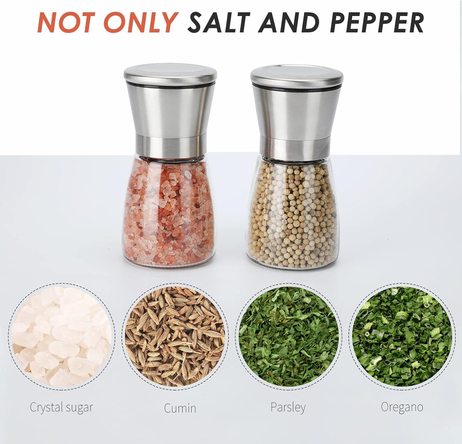 2-Pack Manual Spice Grinders with Adjustable Coarseness, Clear Glass Bodies, Ceramic Grinding Mechanism, and Brushed Stainless Steel Tops—Refillable for Salt, Pepper, Cumin, Herbs, and More—Elegant Kitchen Essentials (Silver) - Image 4