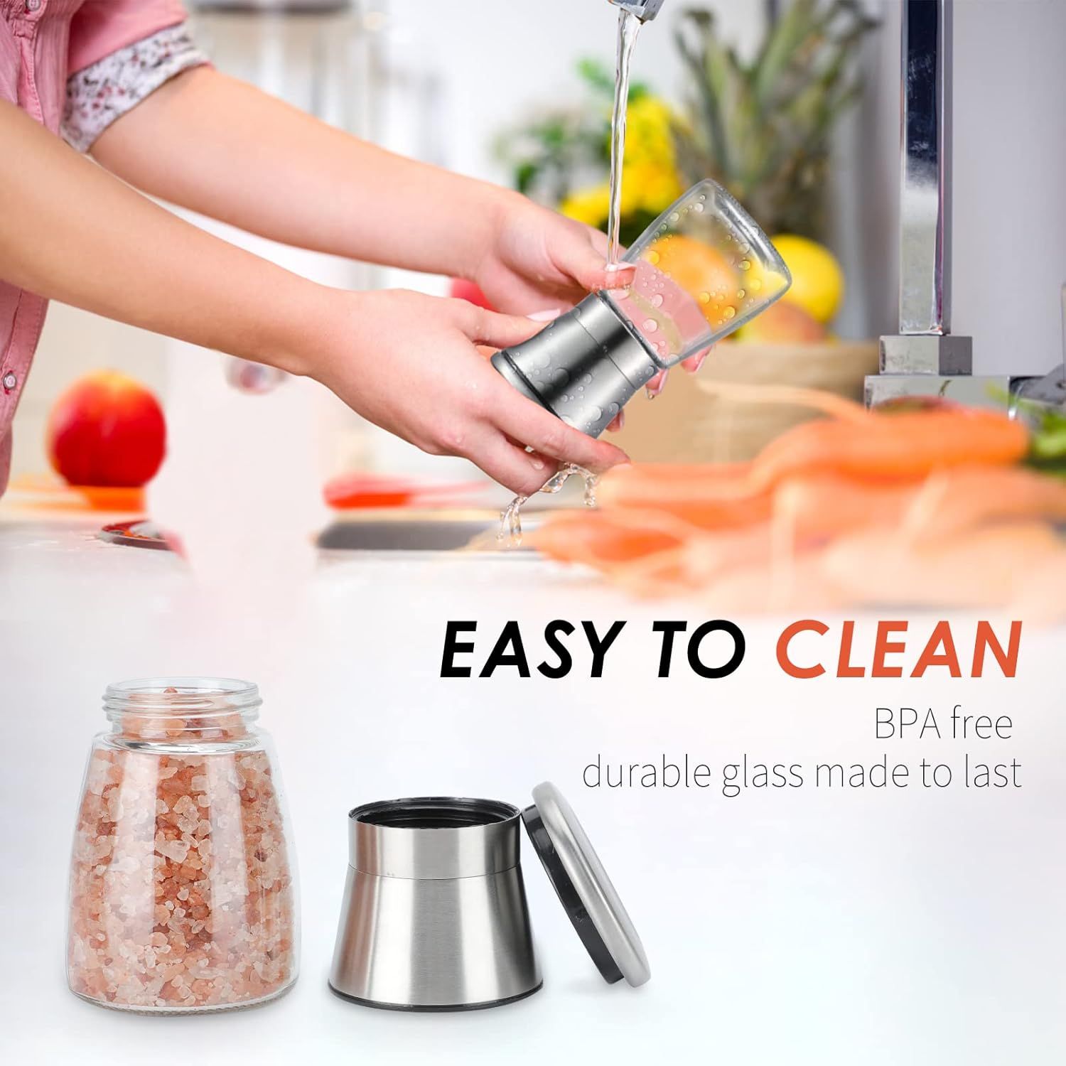 2-Pack Manual Spice Grinders with Adjustable Coarseness, Clear Glass Bodies, Ceramic Grinding Mechanism, and Brushed Stainless Steel Tops—Refillable for Salt, Pepper, Cumin, Herbs, and More—Elegant Kitchen Essentials (Silver) - Image 5