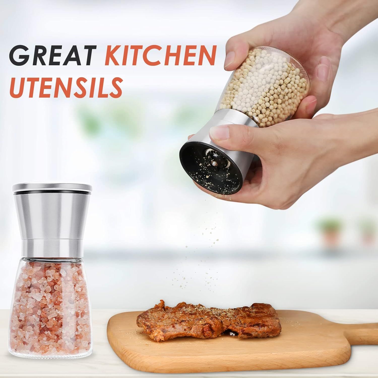 2-Pack Manual Spice Grinders with Adjustable Coarseness, Clear Glass Bodies, Ceramic Grinding Mechanism, and Brushed Stainless Steel Tops—Refillable for Salt, Pepper, Cumin, Herbs, and More—Elegant Kitchen Essentials (Silver) - Image 6