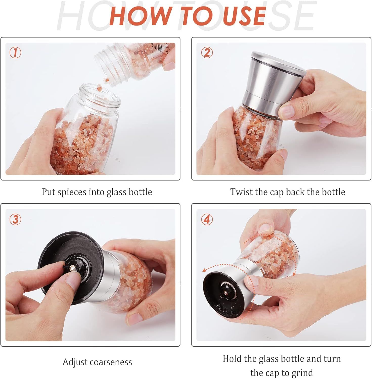 2-Pack Manual Spice Grinders with Adjustable Coarseness, Clear Glass Bodies, Ceramic Grinding Mechanism, and Brushed Stainless Steel Tops—Refillable for Salt, Pepper, Cumin, Herbs, and More—Elegant Kitchen Essentials (Silver) - Image 7