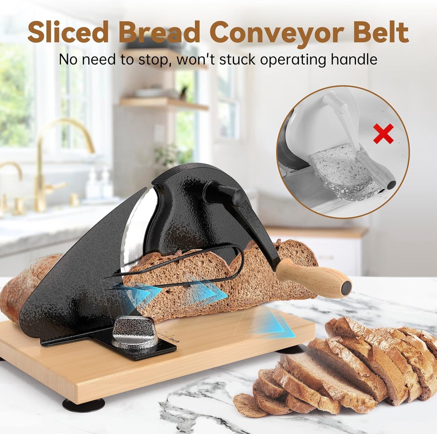 Manual Bread Slicer with Adjustable Thickness, Hand Crank Slicer for Homemade Sourdough, 304 Stainless Steel Blade, Wood Base, for Home & Bakery (Black) - Image 2