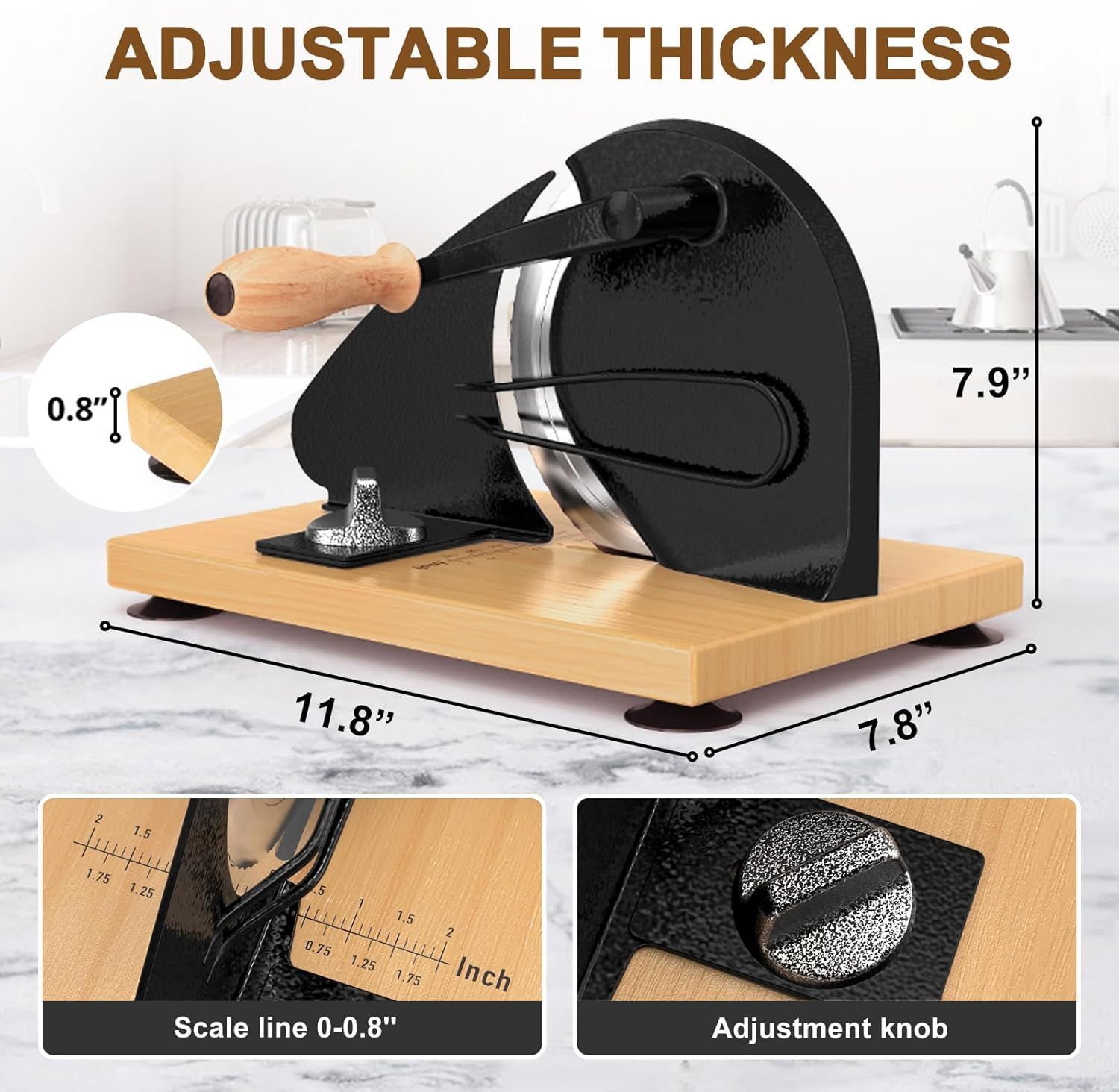 Manual Bread Slicer with Adjustable Thickness, Hand Crank Slicer for Homemade Sourdough, 304 Stainless Steel Blade, Wood Base, for Home & Bakery (Black) - Image 3