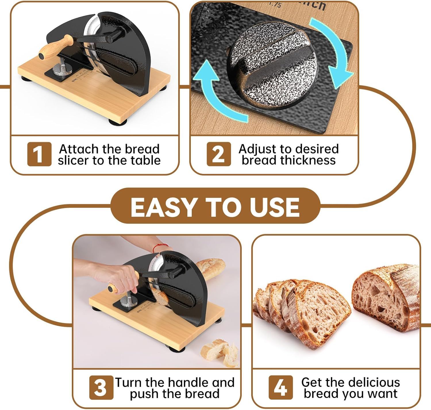 Manual Bread Slicer with Adjustable Thickness, Hand Crank Slicer for Homemade Sourdough, 304 Stainless Steel Blade, Wood Base, for Home & Bakery (Black) - Image 6