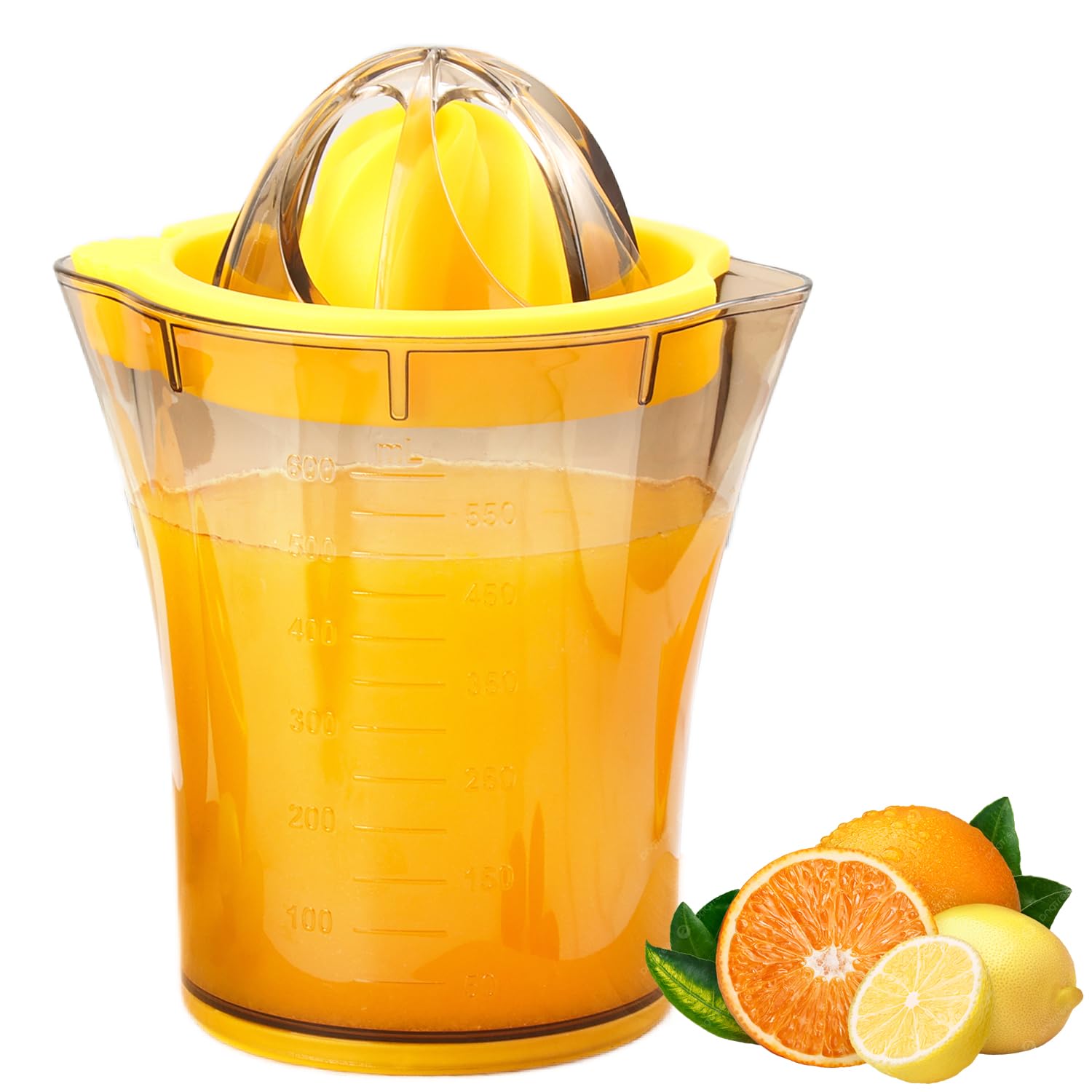 Handheld Citrus Juicer with Dual Reamer & 20oz Measuring Cup – Manual Lemon, Lime, Orange, Grapefruit Squeezer with Anti-Slip Base and Filtered Spout (Yellow) - Image 1