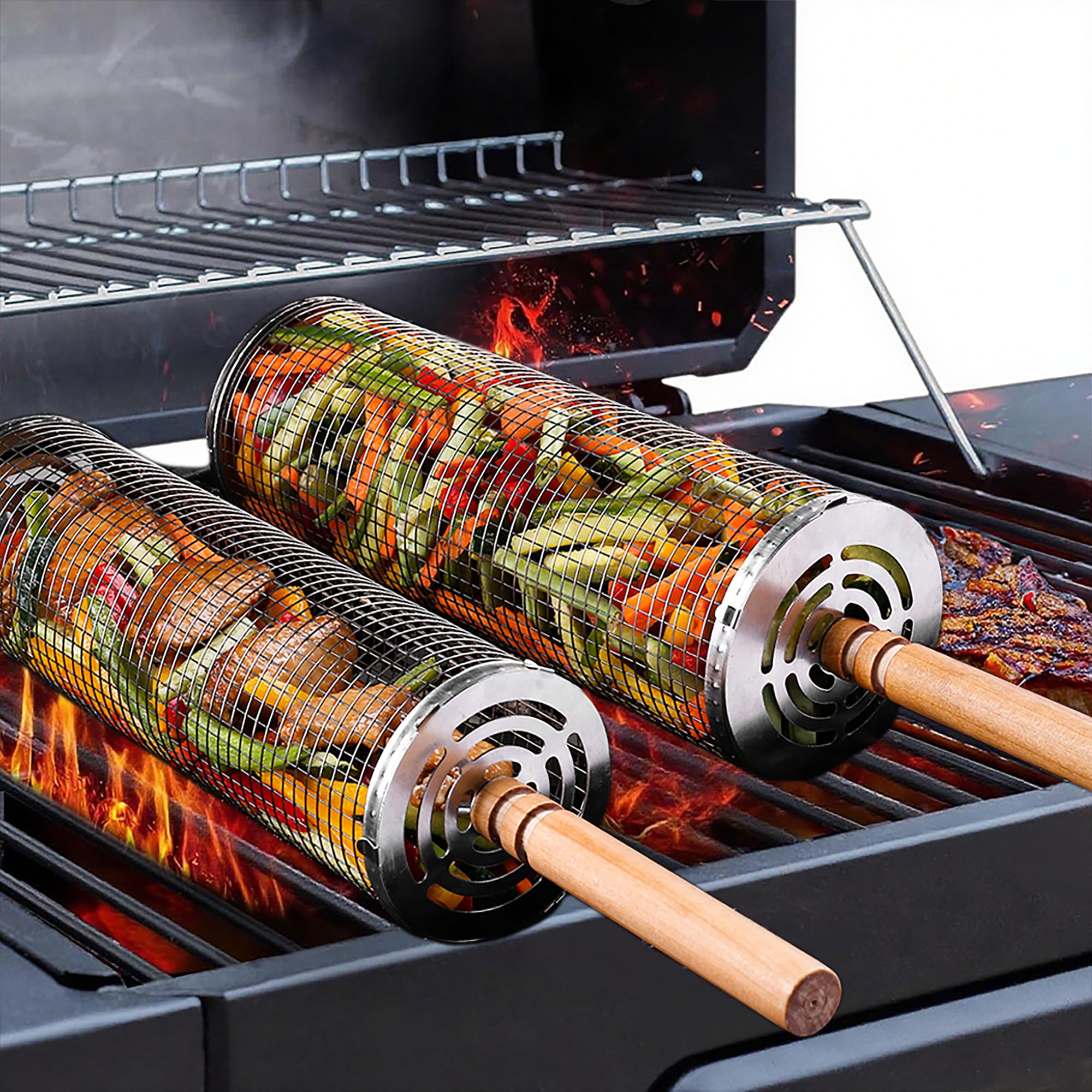 Rolling Grill Basket Set with Removable Wooden Handle – 304 Stainless Steel BBQ Rotating Cage for Meat, Vegetables & Seafood (Grey) - Image 1