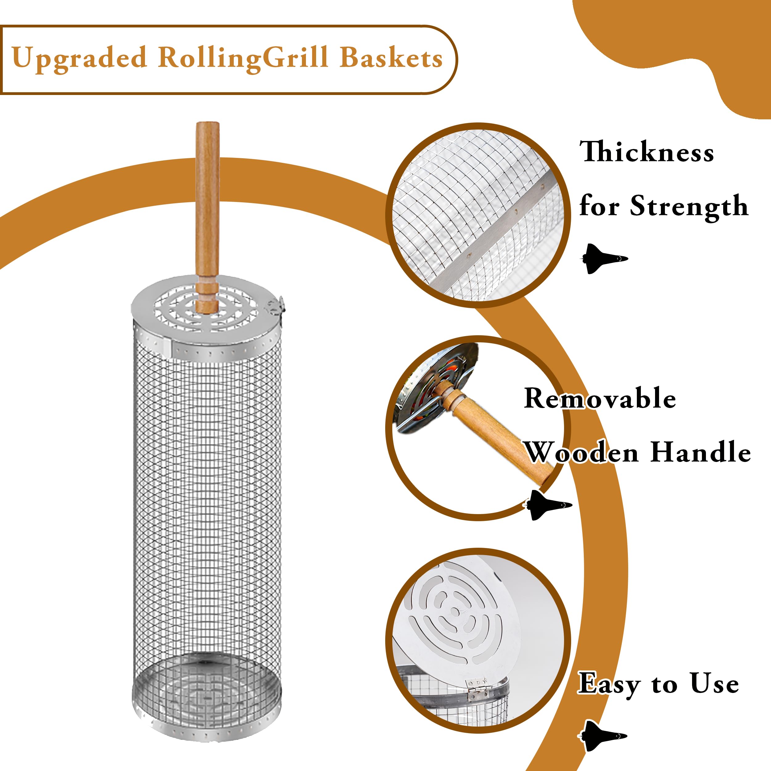 Rolling Grill Basket Set with Removable Wooden Handle – 304 Stainless Steel BBQ Rotating Cage for Meat, Vegetables & Seafood (Grey) - Image 5