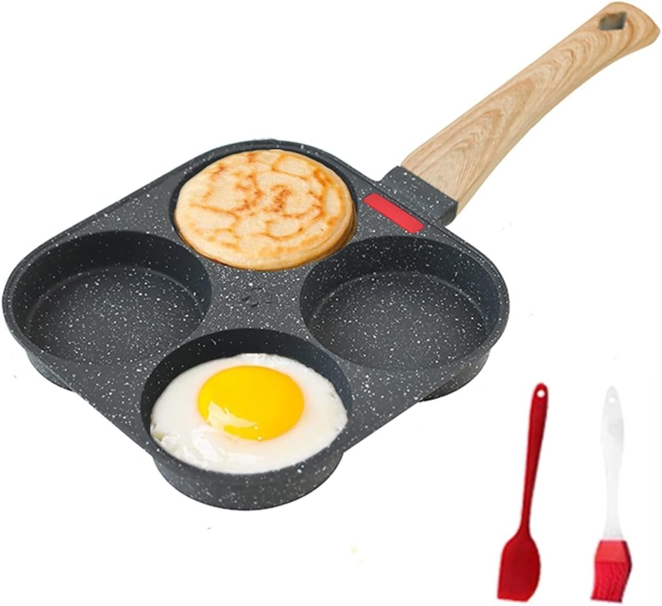 4-Cup Non-Stick Breakfast Pan with Wooden Handle & Silicone Indicator—Multi-Compartment Egg, Pancake, Burger Cooker—Compatible with Gas, Induction, Ceramic Stoves—Includes Spatula & Brush (Black) - Image 1