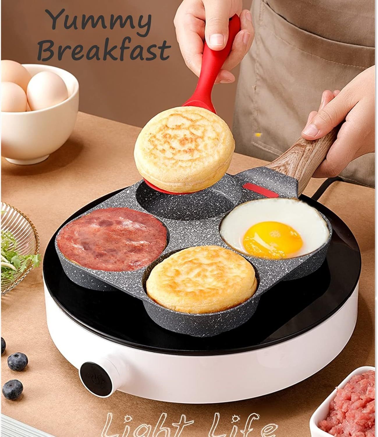 4-Cup Non-Stick Breakfast Pan with Wooden Handle & Silicone Indicator—Multi-Compartment Egg, Pancake, Burger Cooker—Compatible with Gas, Induction, Ceramic Stoves—Includes Spatula & Brush (Black) - Image 2