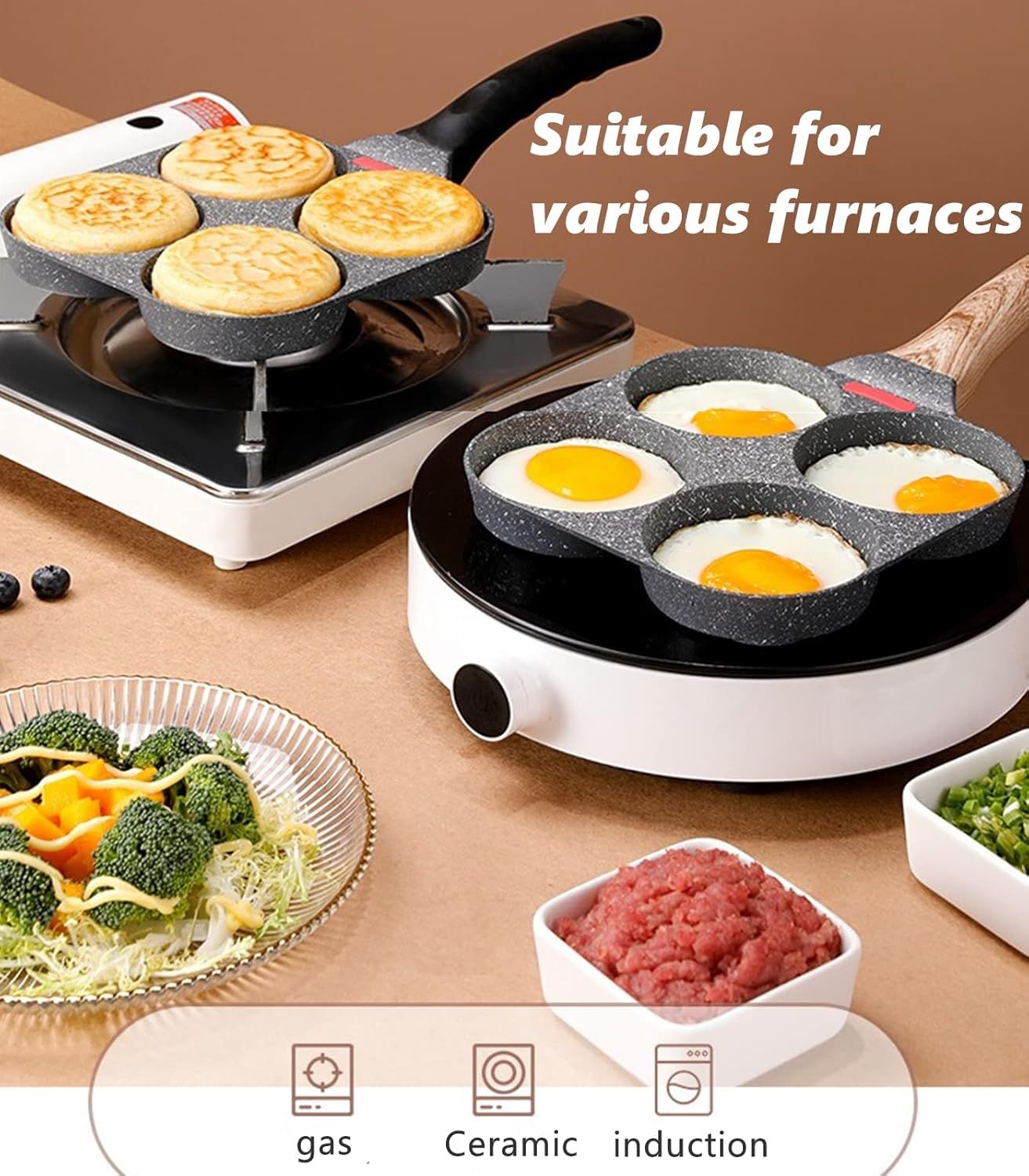 4-Cup Non-Stick Breakfast Pan with Wooden Handle & Silicone Indicator—Multi-Compartment Egg, Pancake, Burger Cooker—Compatible with Gas, Induction, Ceramic Stoves—Includes Spatula & Brush (Black) - Image 4