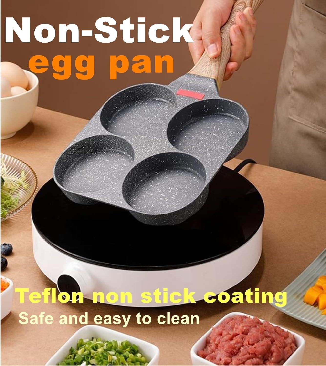4-Cup Non-Stick Breakfast Pan with Wooden Handle & Silicone Indicator—Multi-Compartment Egg, Pancake, Burger Cooker—Compatible with Gas, Induction, Ceramic Stoves—Includes Spatula & Brush (Black) - Image 5