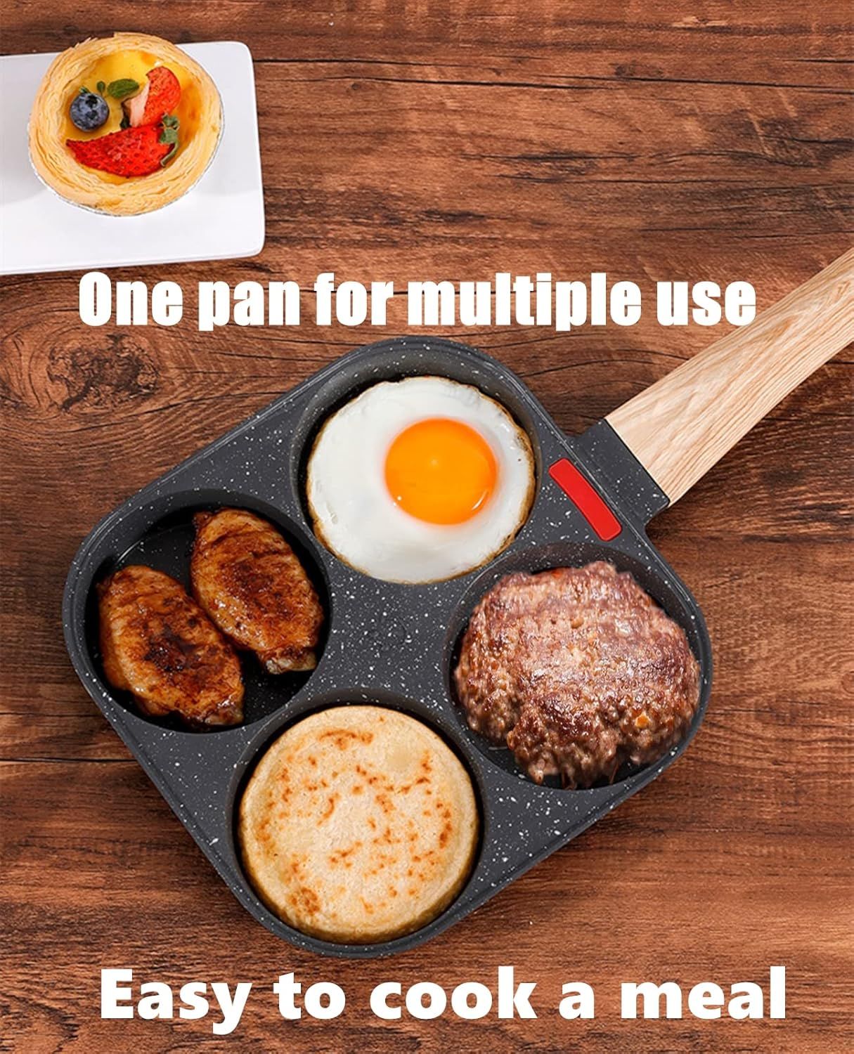 4-Cup Non-Stick Breakfast Pan with Wooden Handle & Silicone Indicator—Multi-Compartment Egg, Pancake, Burger Cooker—Compatible with Gas, Induction, Ceramic Stoves—Includes Spatula & Brush (Black) - Image 7