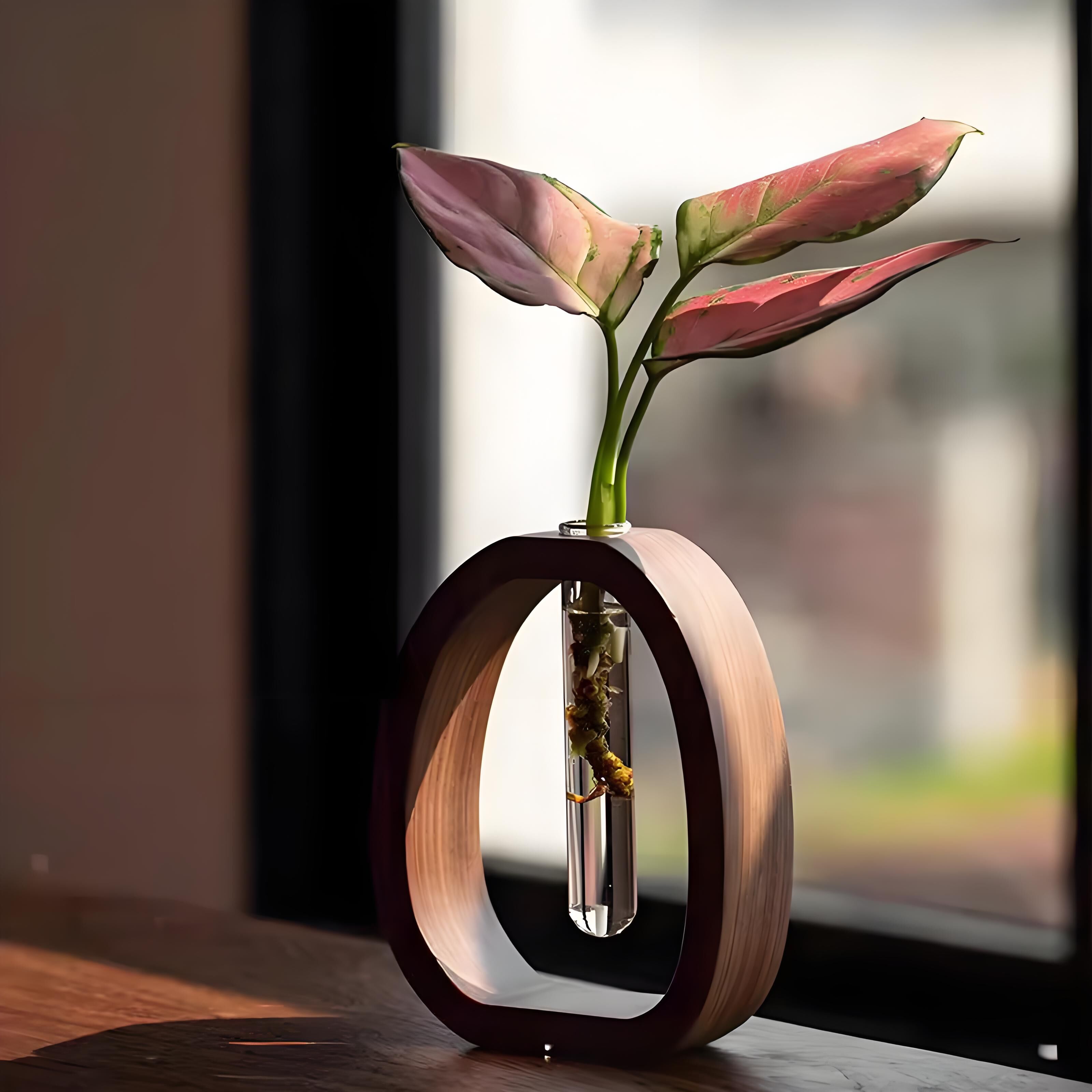 Wooden Glass Hydroponic Vase – Minimalist Desktop Flower Vase for Water Plants & Blooms (9.5cm) | Other Sizes Available in Store - Image 1