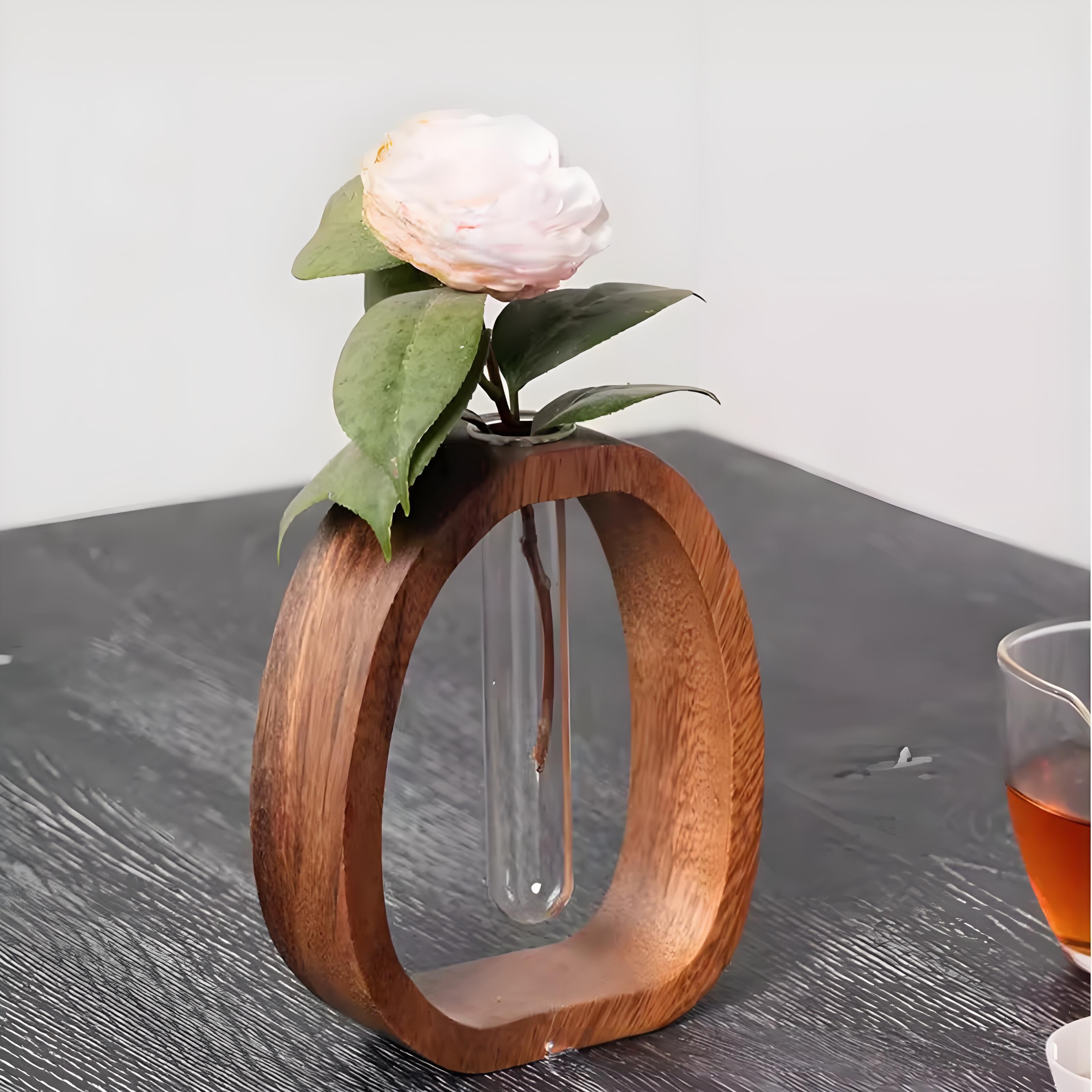 Wooden Glass Hydroponic Vase – Minimalist Desktop Flower Vase for Water Plants & Blooms (9.5cm) | Other Sizes Available in Store - Image 4