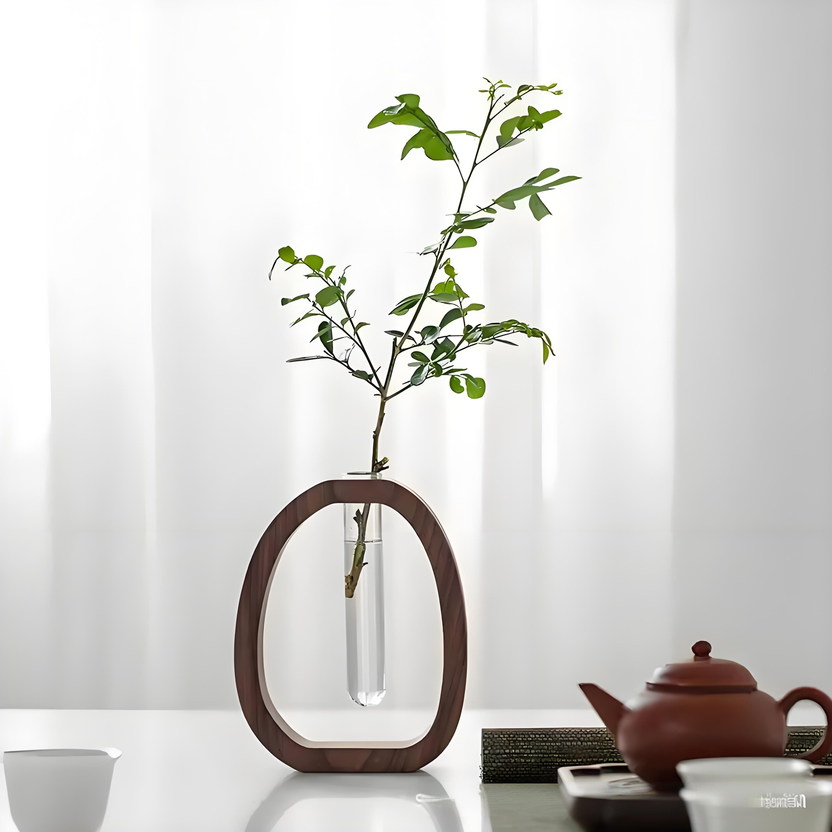 Wooden Glass Hydroponic Vase – Minimalist Desktop Flower Vase for Water Plants & Blooms (9.5cm) | Other Sizes Available in Store - Image 5