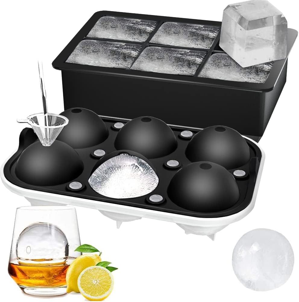 2-Pack Silicone Ice Molds Set: 6-Cavity Sphere & Square Trays with Lid and Funnel—For Whiskey, Cocktails, and Beverages—Flexible Design, Easy Release, Home Bar Essential—Black Finish (Black) - Image 1