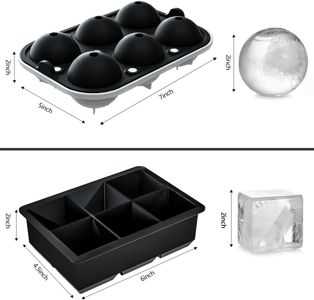 2-Pack Silicone Ice Molds Set: 6-Cavity Sphere & Square Trays with Lid and Funnel—For Whiskey, Cocktails, and Beverages—Flexible Design, Easy Release, Home Bar Essential—Black Finish (Black) - Image 5