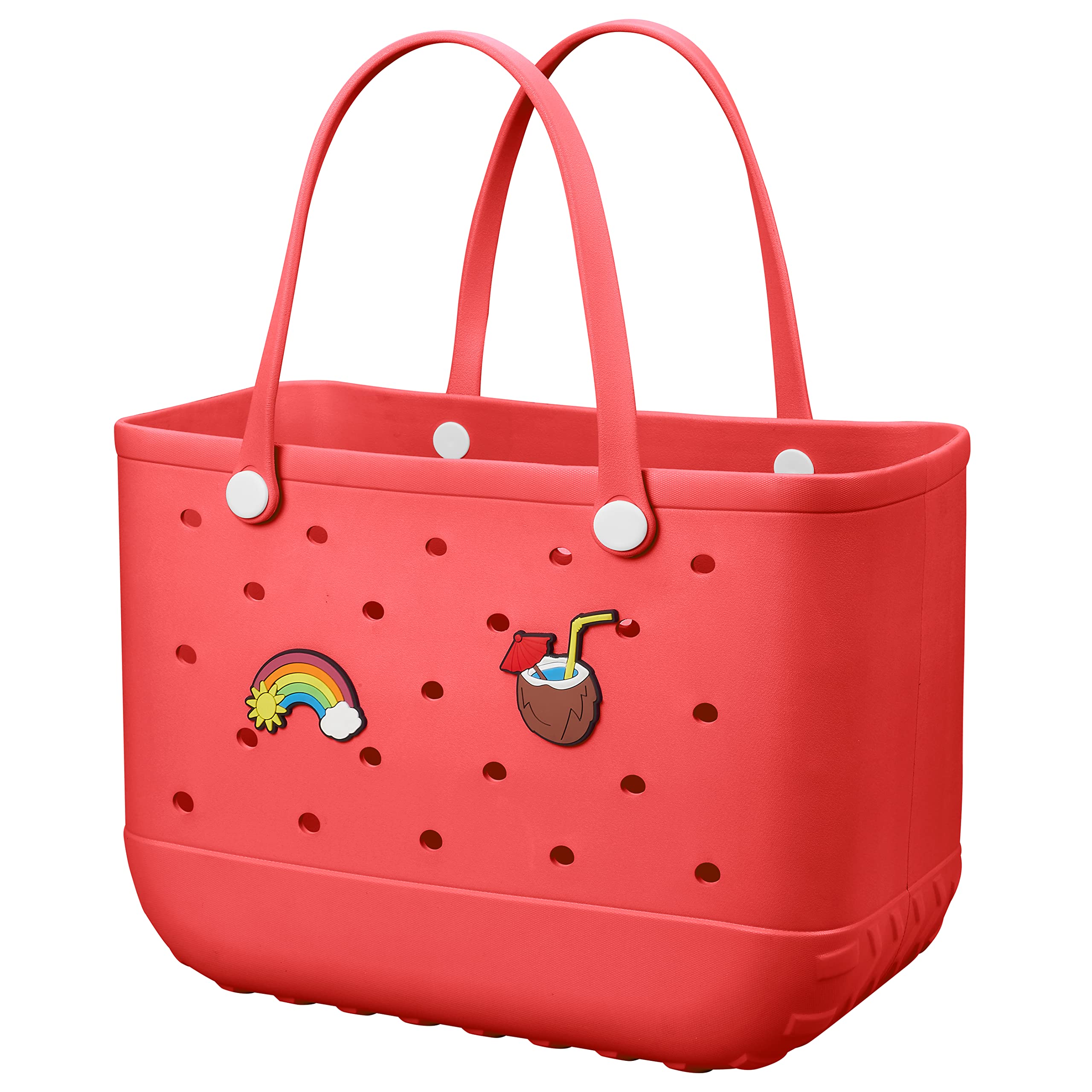 EVA Beach Tote Bag for Swimming, Pool & Travel – Waterproof Washable Rubber Handbag with 2 Random Charms, Lightweight & Sand-Resistant (Red)  | Other Colors Available in Store - Image 1