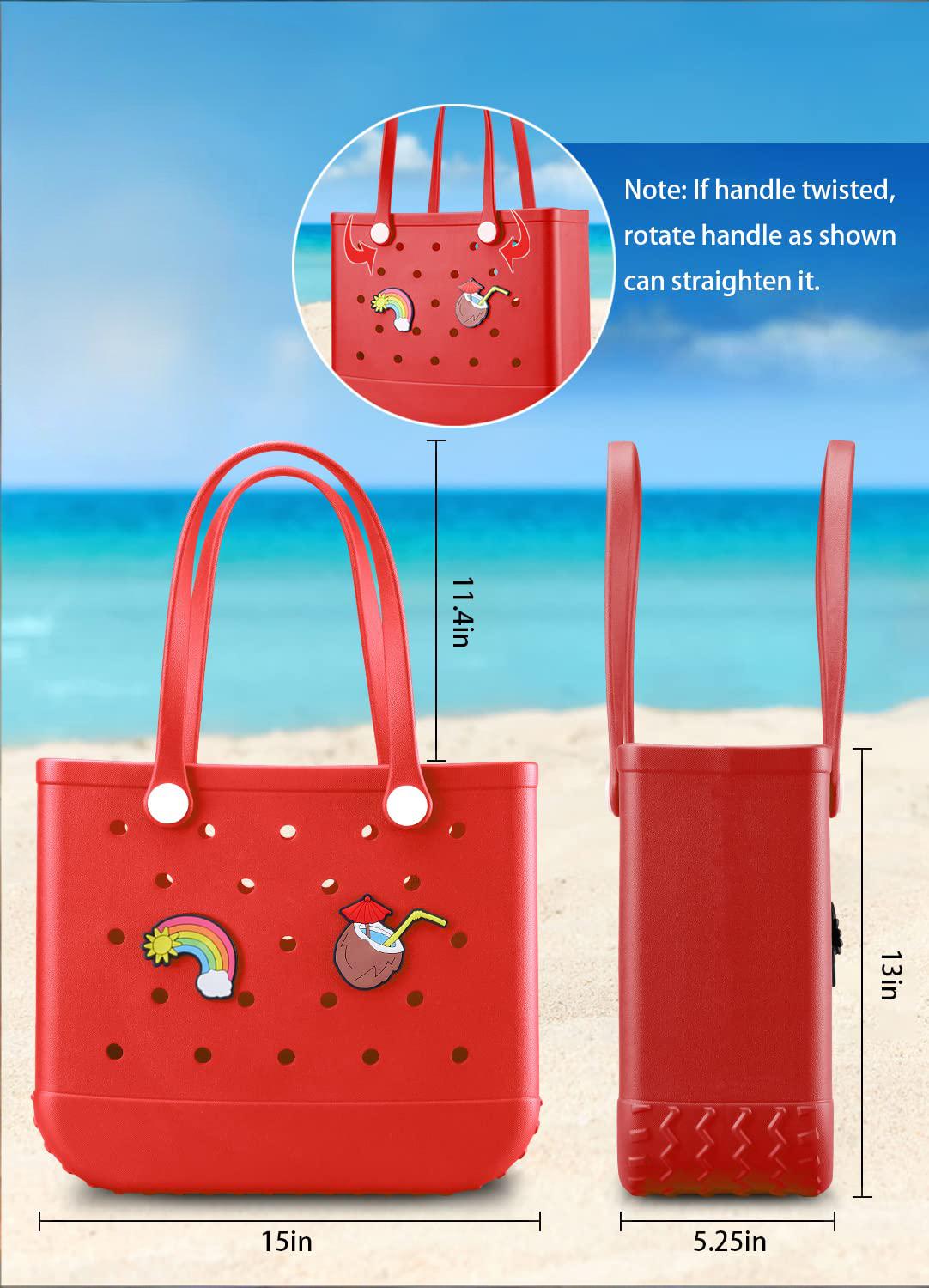 EVA Beach Tote Bag for Swimming, Pool & Travel – Waterproof Washable Rubber Handbag with 2 Random Charms, Lightweight & Sand-Resistant (Red)  | Other Colors Available in Store - Image 2