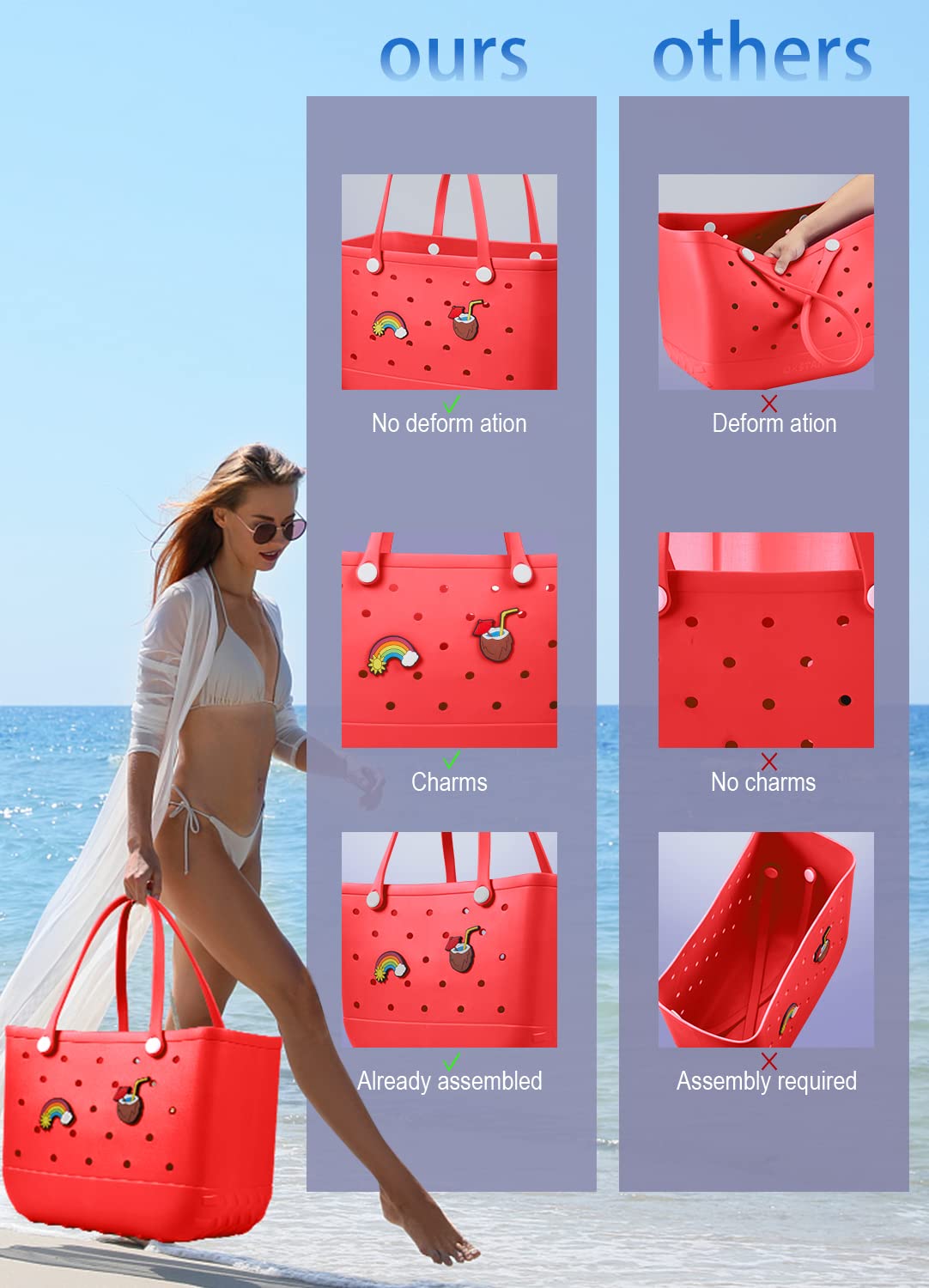 EVA Beach Tote Bag for Swimming, Pool & Travel – Waterproof Washable Rubber Handbag with 2 Random Charms, Lightweight & Sand-Resistant (Red)  | Other Colors Available in Store - Image 3