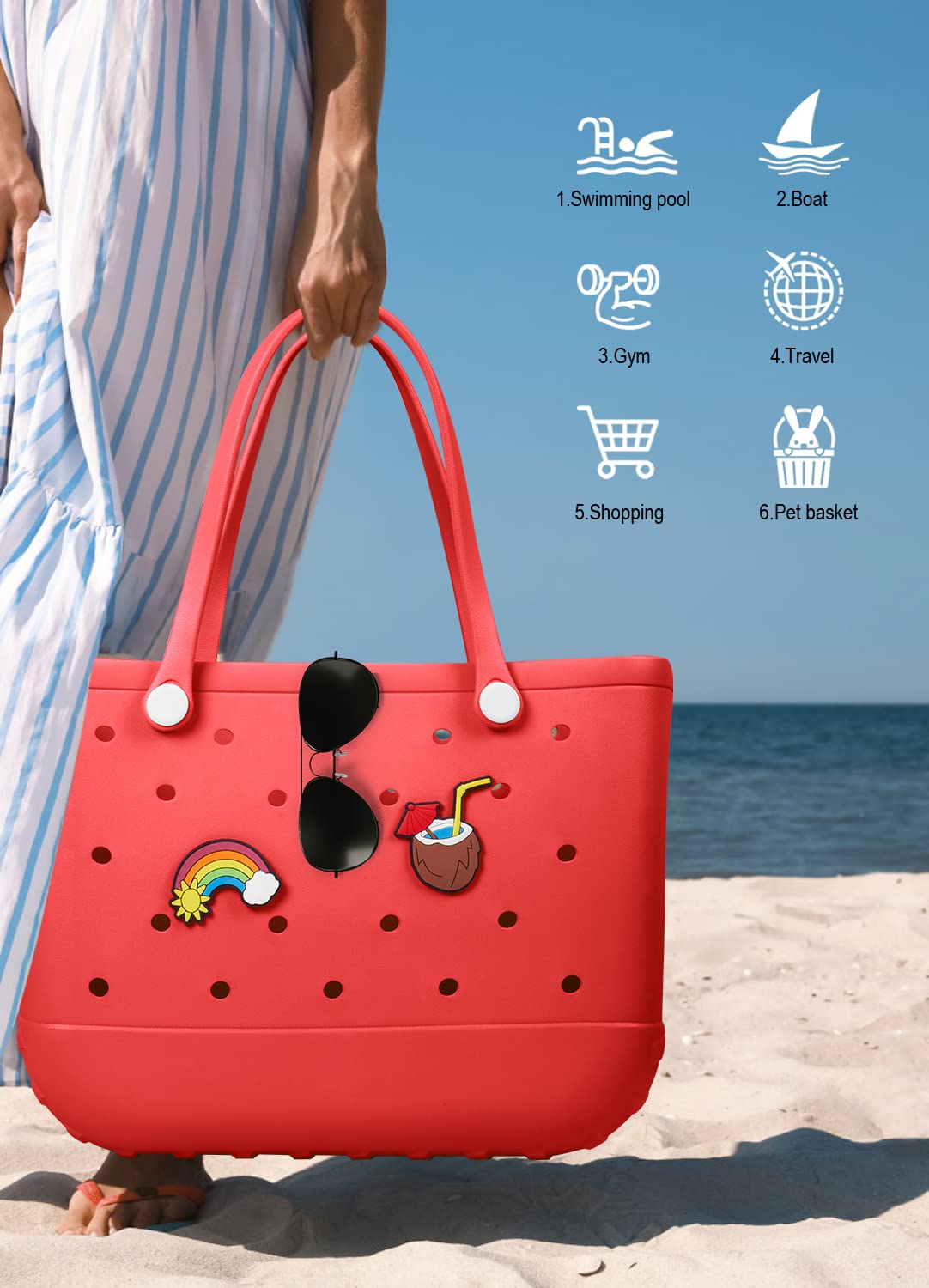 EVA Beach Tote Bag for Swimming, Pool & Travel – Waterproof Washable Rubber Handbag with 2 Random Charms, Lightweight & Sand-Resistant (Red)  | Other Colors Available in Store - Image 4