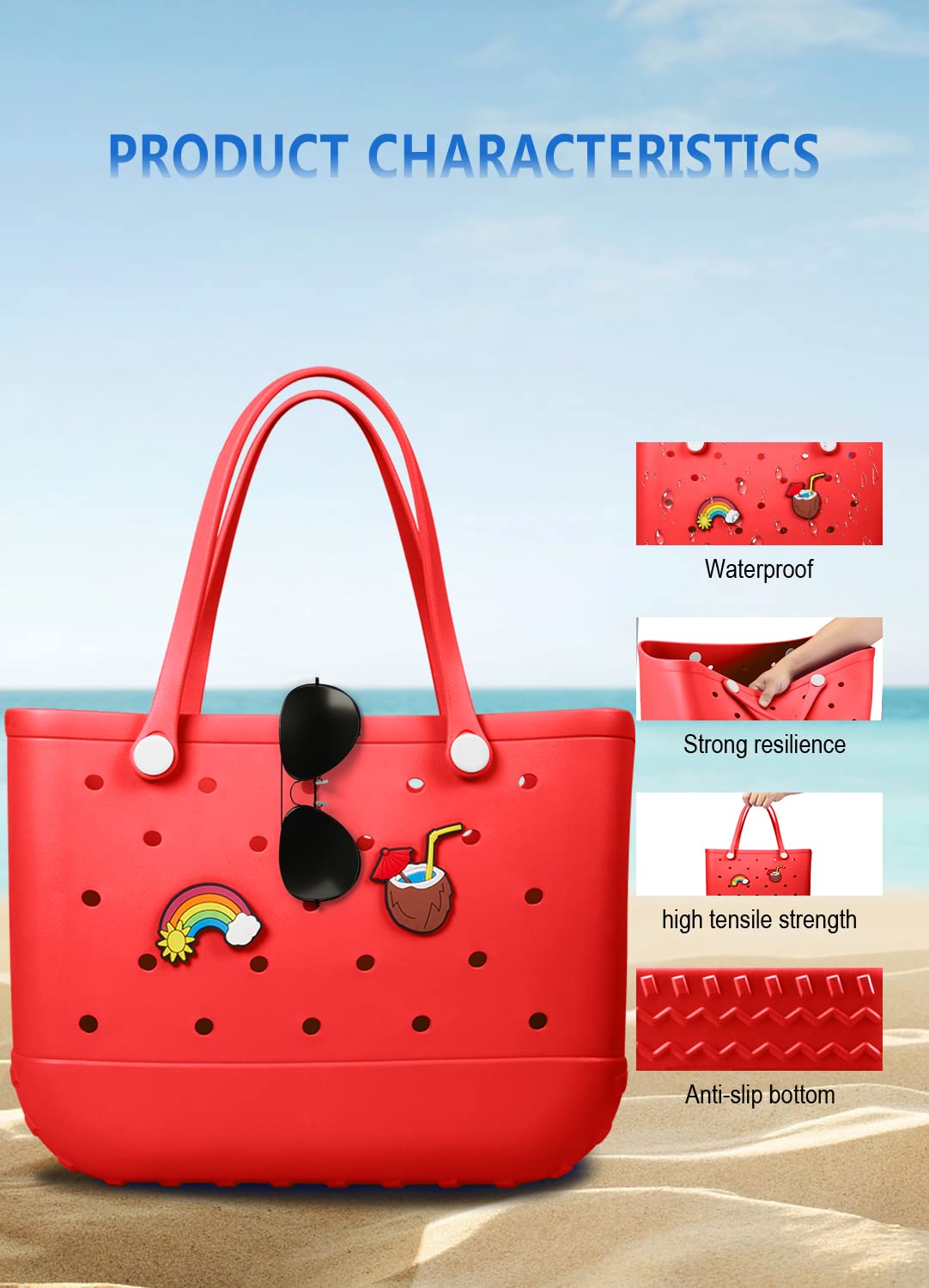 EVA Beach Tote Bag for Swimming, Pool & Travel – Waterproof Washable Rubber Handbag with 2 Random Charms, Lightweight & Sand-Resistant (Red)  | Other Colors Available in Store - Image 5