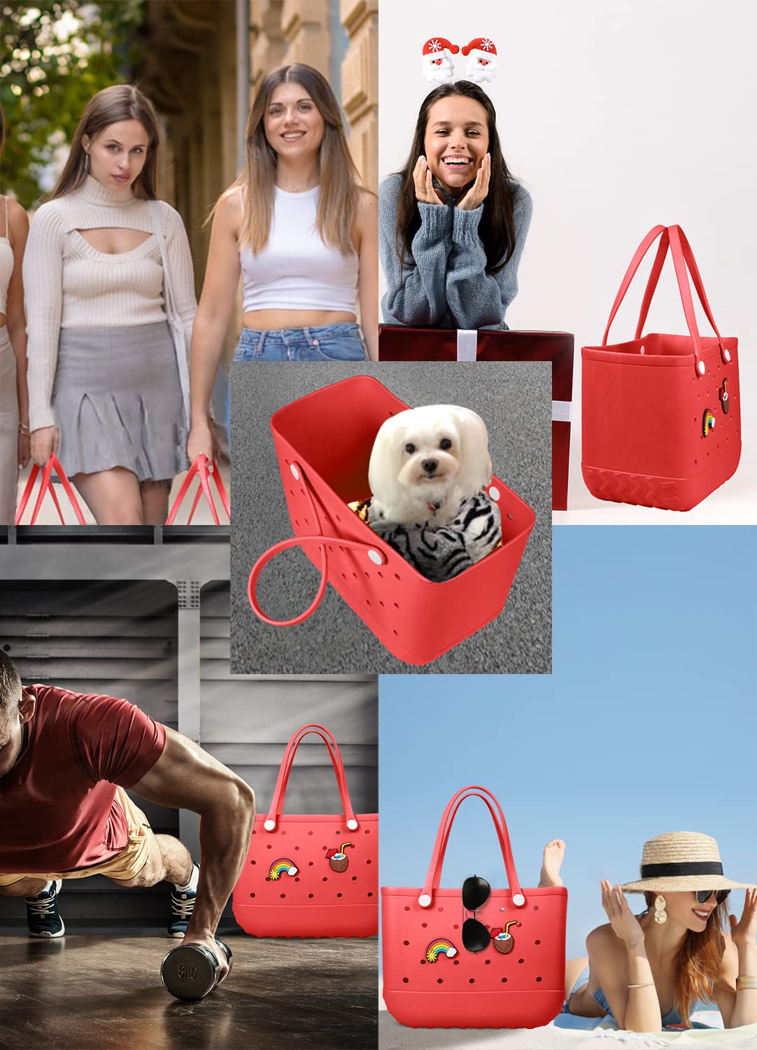 EVA Beach Tote Bag for Swimming, Pool & Travel – Waterproof Washable Rubber Handbag with 2 Random Charms, Lightweight & Sand-Resistant (Red)  | Other Colors Available in Store - Image 6