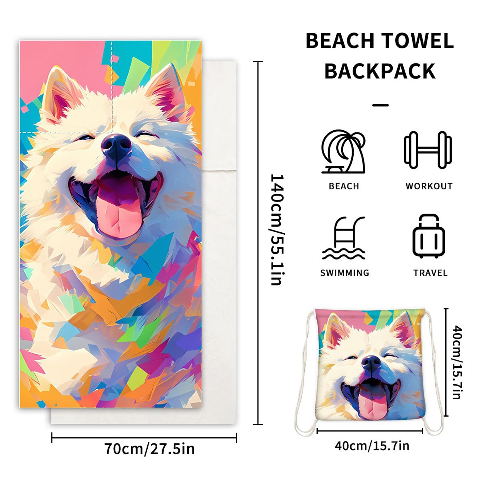 Dual-Function Foldable Beach Towel with Built-in Backpack – Soft Microfiber Towel & Compact Carry Bag in One, 55-Inch Large Size for Swimming, Travel, Picnic (Polar bear,Colorful) - Image 3