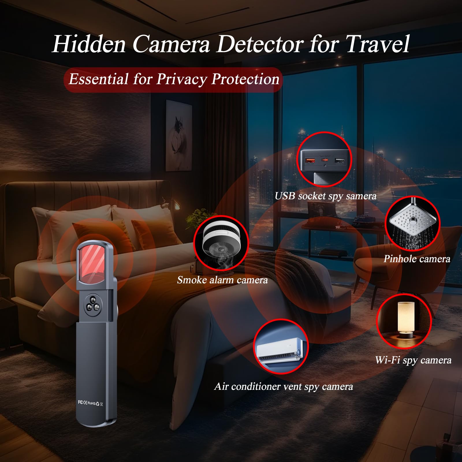 Multi-Function Hidden Camera Detector with GPS Tracker Finder – Portable Anti-Spy Device for Hotel, Car, Travel Privacy Protection, LED Scanner & Vibration Alarm (Black) - Image 2