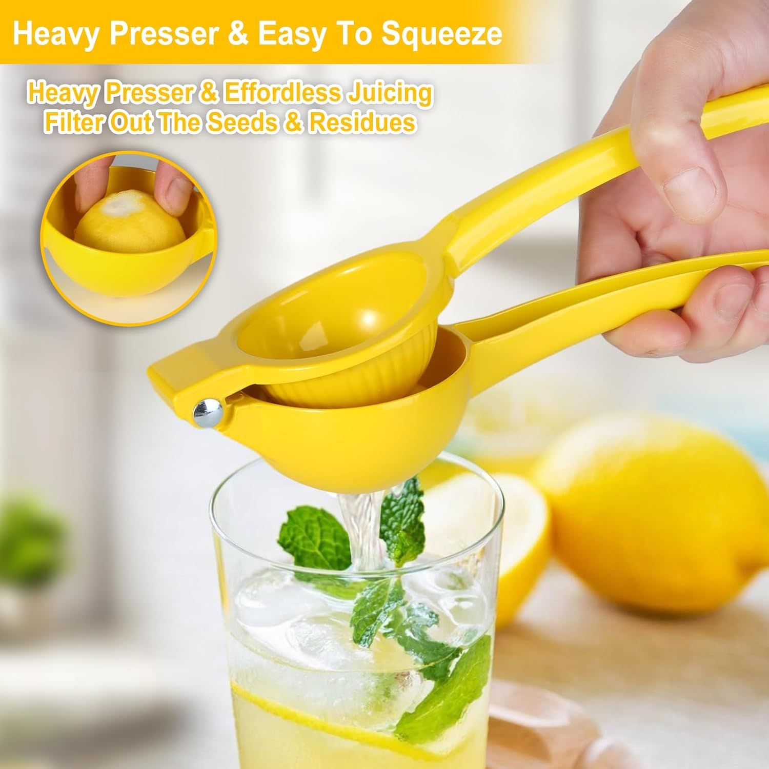 Manual Citrus Squeezer with Built-in Strainer, Non-Slip Handle & Grooved Press Head—For Lemons, Limes, Oranges—Easy Hand Juicing Tool for Cocktails, Dressings, Marinades—Includes Usage Guide (Yellow) - Image 2
