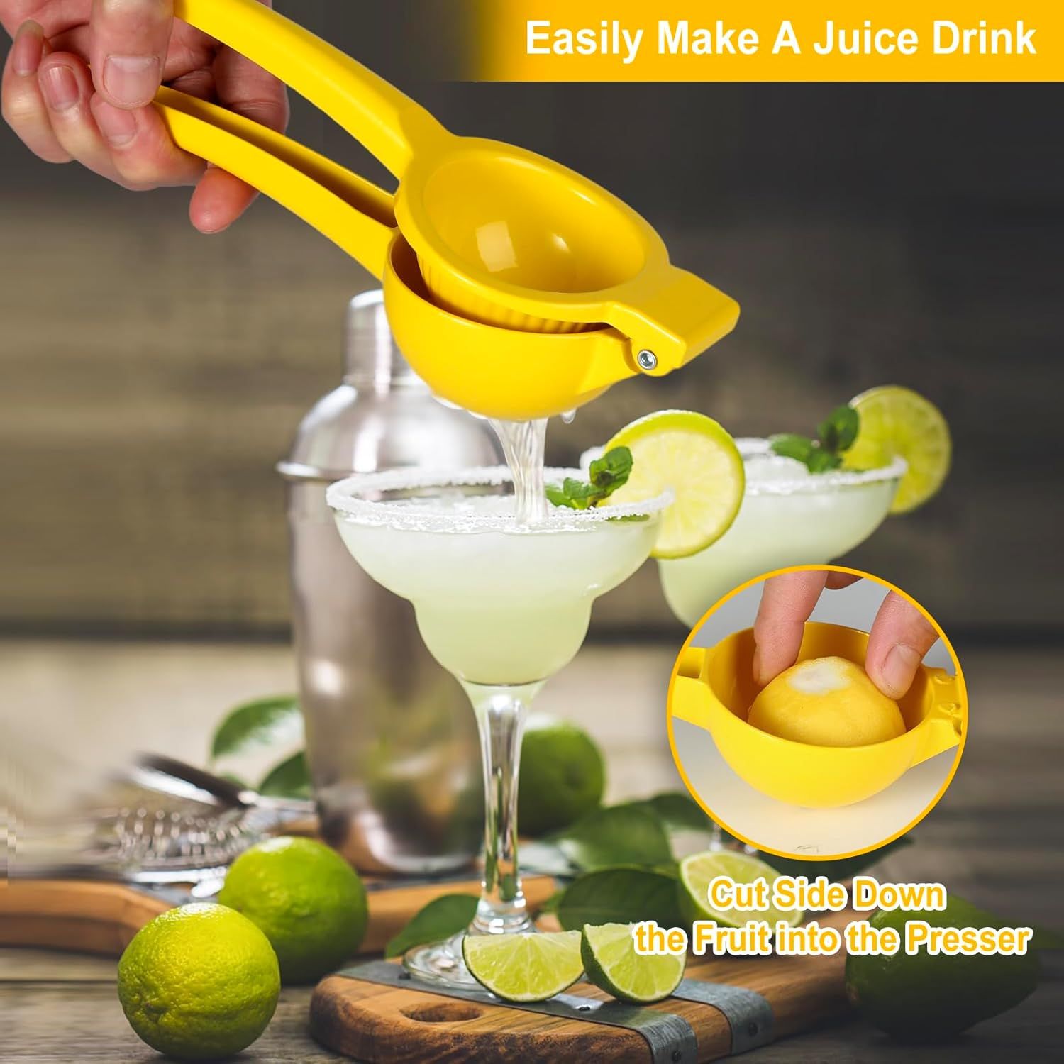 Manual Citrus Squeezer with Built-in Strainer, Non-Slip Handle & Grooved Press Head—For Lemons, Limes, Oranges—Easy Hand Juicing Tool for Cocktails, Dressings, Marinades—Includes Usage Guide (Yellow) - Image 4
