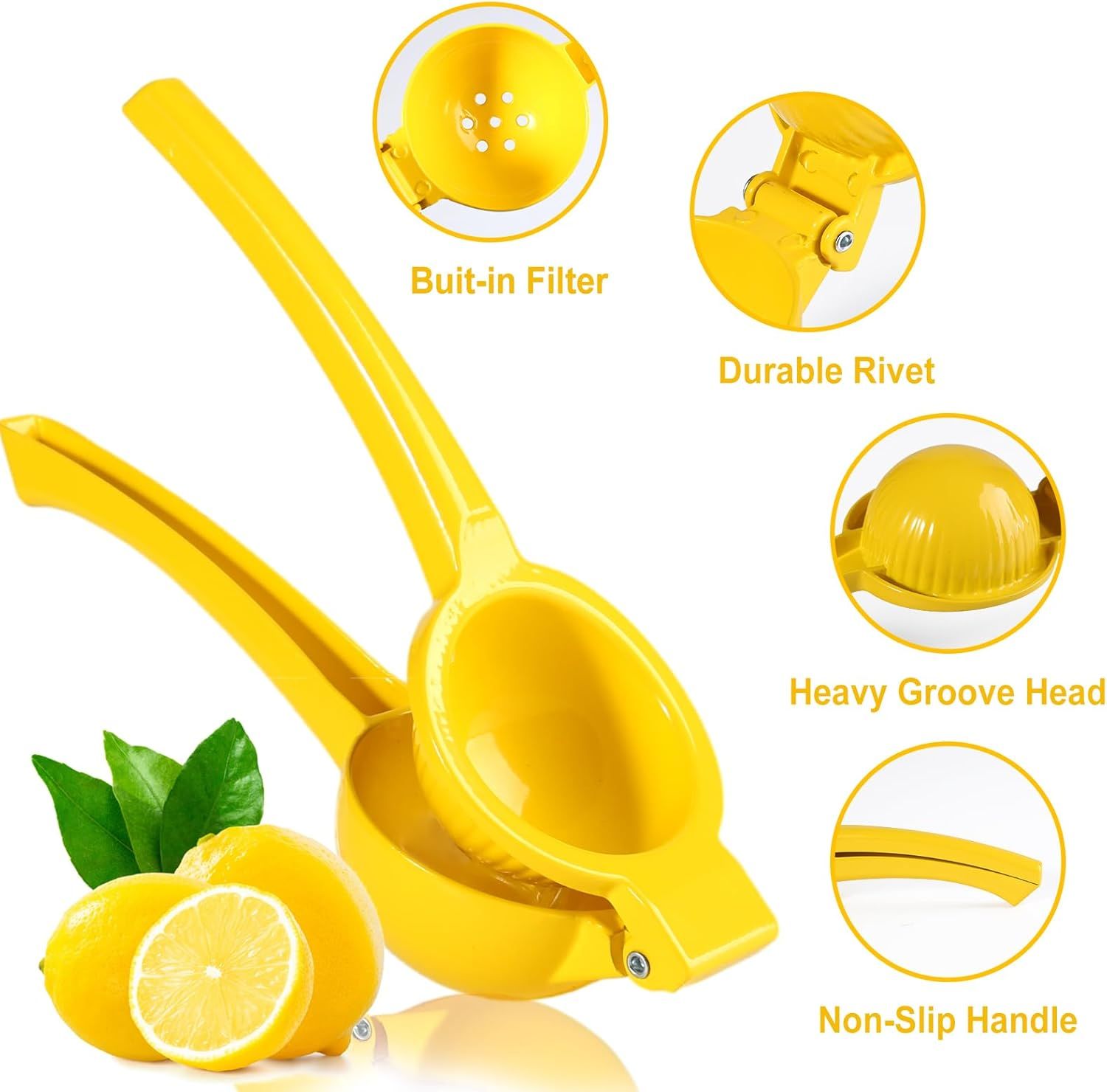 Manual Citrus Squeezer with Built-in Strainer, Non-Slip Handle & Grooved Press Head—For Lemons, Limes, Oranges—Easy Hand Juicing Tool for Cocktails, Dressings, Marinades—Includes Usage Guide (Yellow) - Image 5