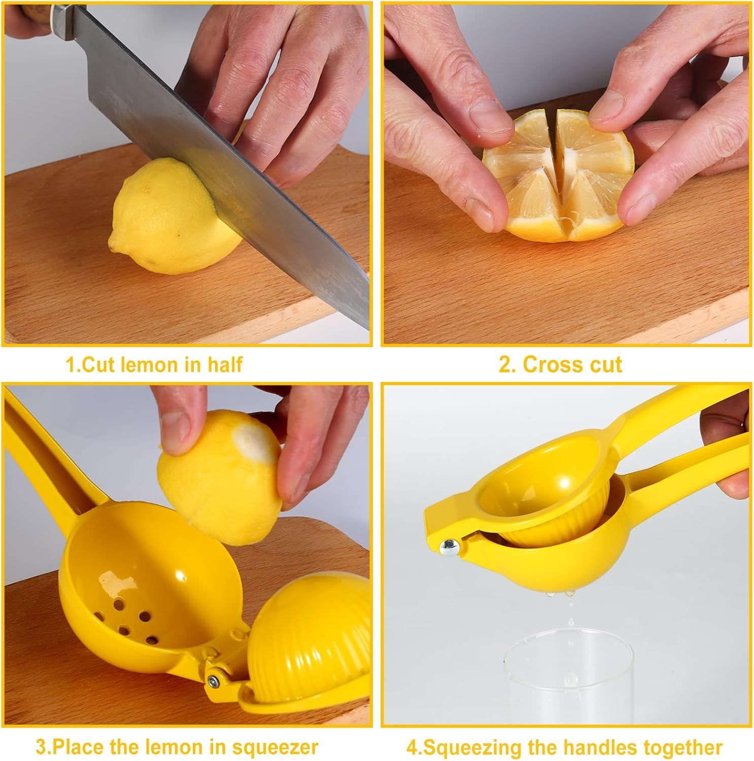 Manual Citrus Squeezer with Built-in Strainer, Non-Slip Handle & Grooved Press Head—For Lemons, Limes, Oranges—Easy Hand Juicing Tool for Cocktails, Dressings, Marinades—Includes Usage Guide (Yellow) - Image 7
