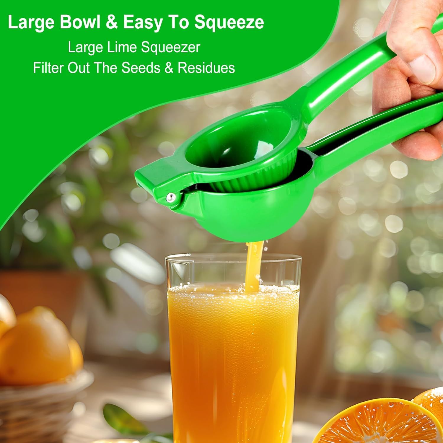 Manual Citrus Squeezer with Built-in Strainer, Non-Slip Handle & Grooved Press Head—For Lemons, Limes, Oranges—Easy Hand Juicing Tool for Cocktails, Dressings, Marinades—Includes Usage Guide (Green) - Image 2