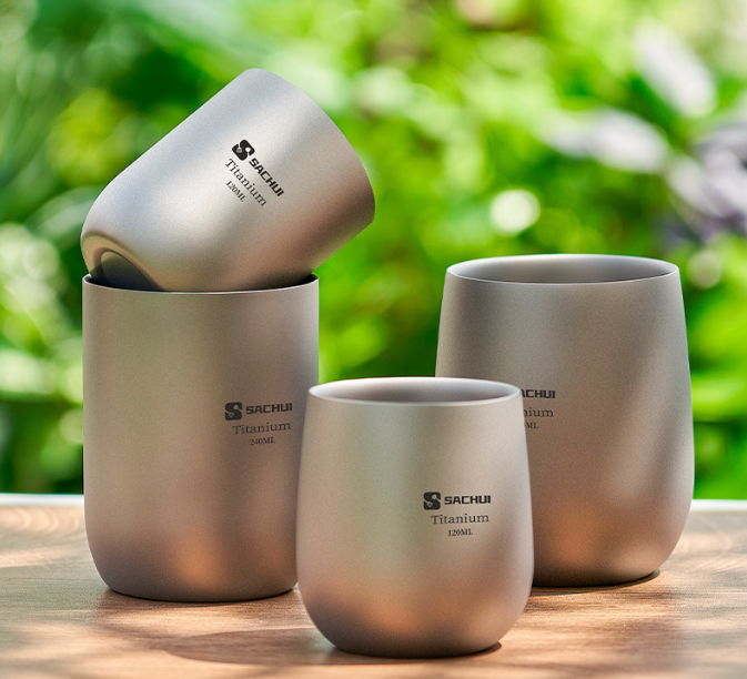 4-Piece Pure Titanium Cup Set – Double-Walled, Lightweight, Stackable Outdoor Drinking Cups for Camping, Hiking, Travel and Office Use (Gray) - Image 1