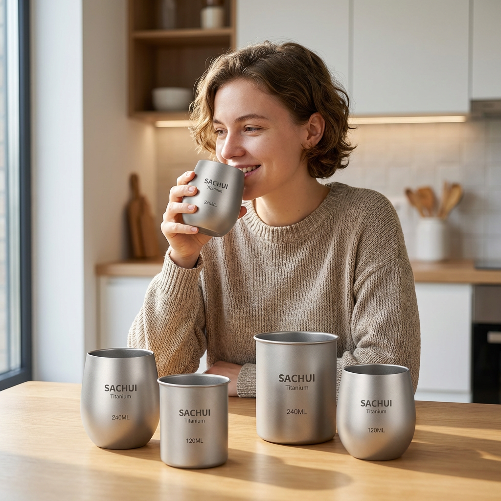 4-Piece Pure Titanium Cup Set – Double-Walled, Lightweight, Stackable Outdoor Drinking Cups for Camping, Hiking, Travel and Office Use (Gray) - Image 5
