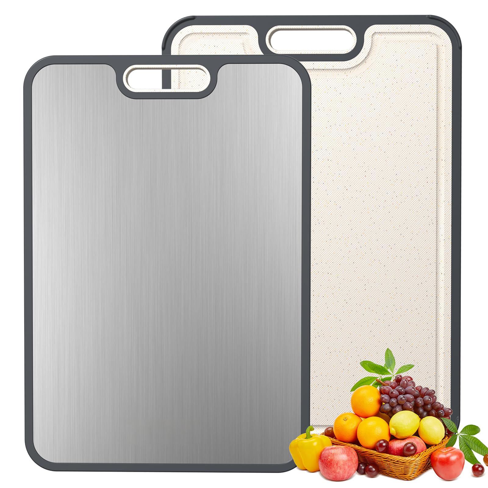 Dual-Sided Kitchen Cutting Boards with Titanium-Look & Textured PP Surfaces, Juice Groove, Grinding Area, Non-Slip Edges, and Integrated Handles—For Separating Raw/Cooked Foods and Efficient Meal Prep - Image 1