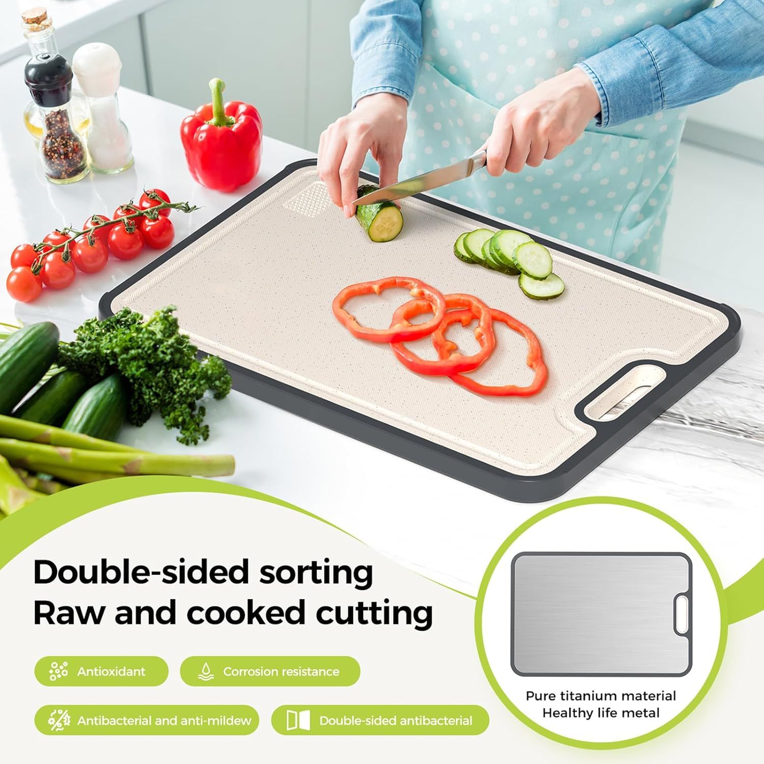 Dual-Sided Kitchen Cutting Boards with Titanium-Look & Textured PP Surfaces, Juice Groove, Grinding Area, Non-Slip Edges, and Integrated Handles—For Separating Raw/Cooked Foods and Efficient Meal Prep - Image 2